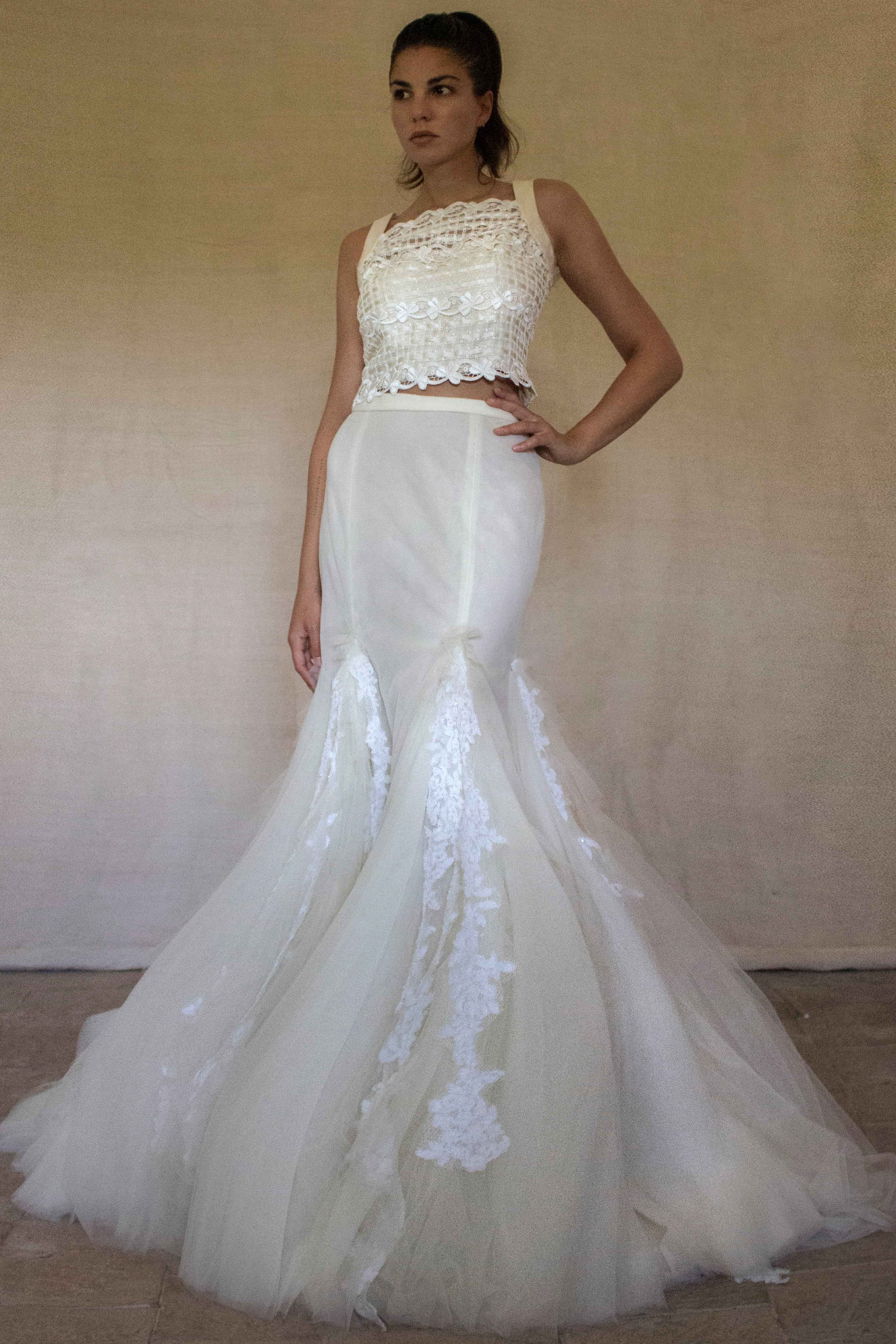 364 - VINTAGE 90s UPCYCLED TULLE AND MACRAME WEDDING DRESS: 2-PIECE ROMANTIC GOWN WITH FLOREAL LACE