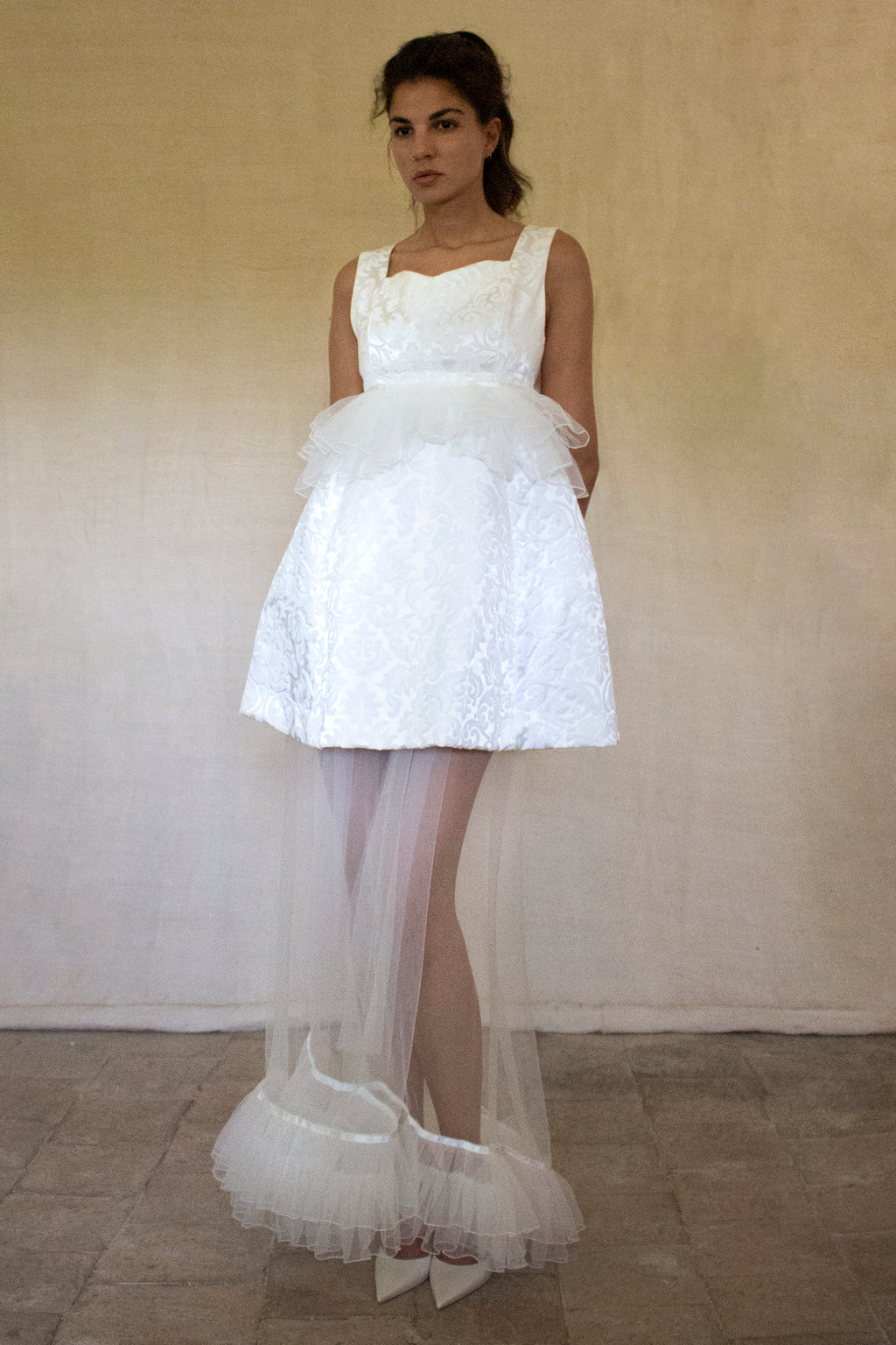 Vintage 90s Mini Wedding Dress | Damask Bridal Dress with Cape & Bow - 368