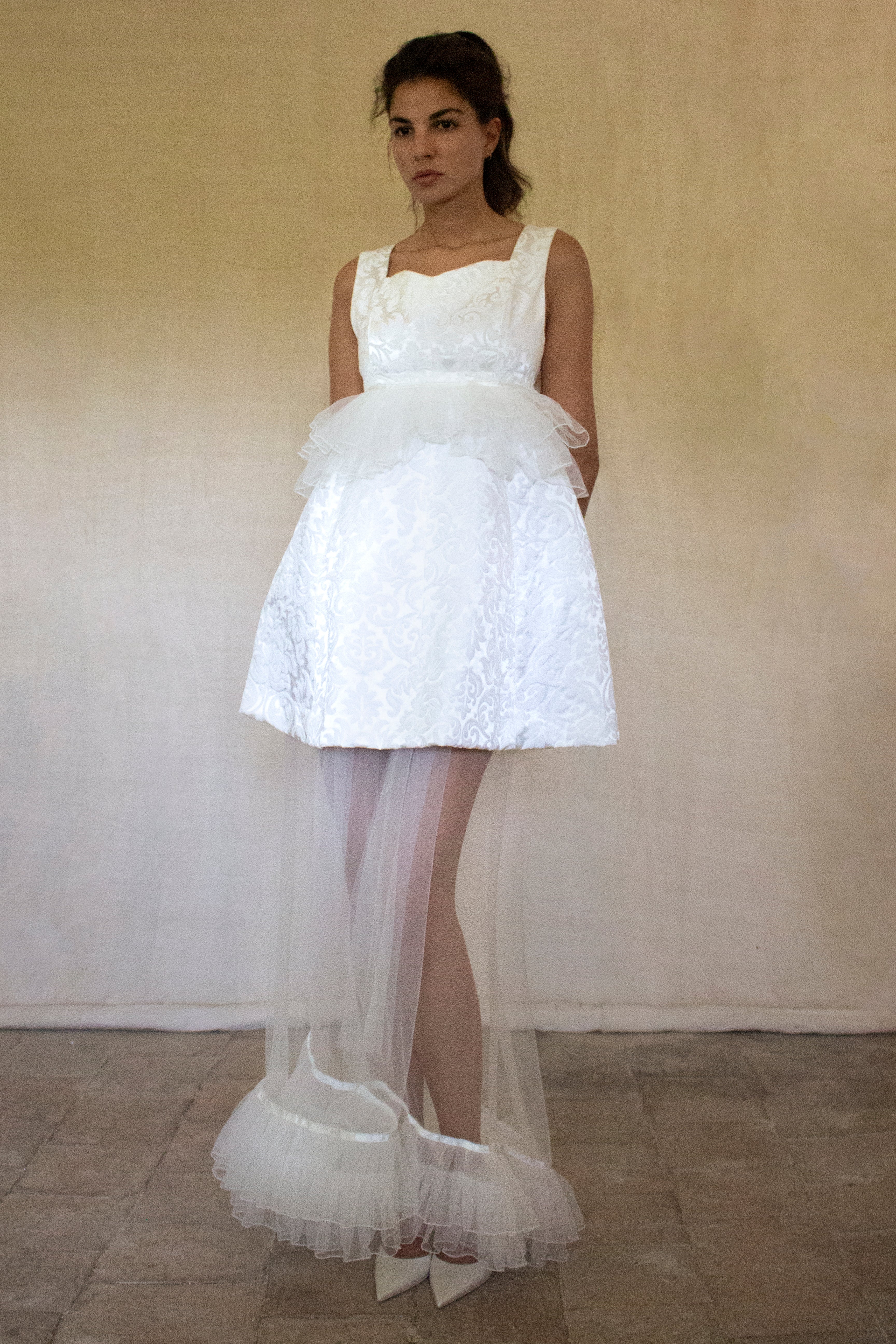 Vintage 90s Mini Wedding Dress | Damask Bridal Dress with Cape & Bow - 368
