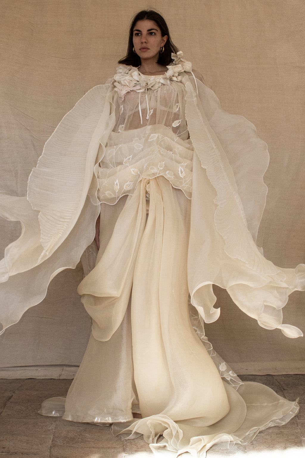 323 - BUCOLIC SILK ORGANDIE WEDDING SET: VINTAGE BUTTERFLY CAPE & DRAPED SKIRT - Vague atelier