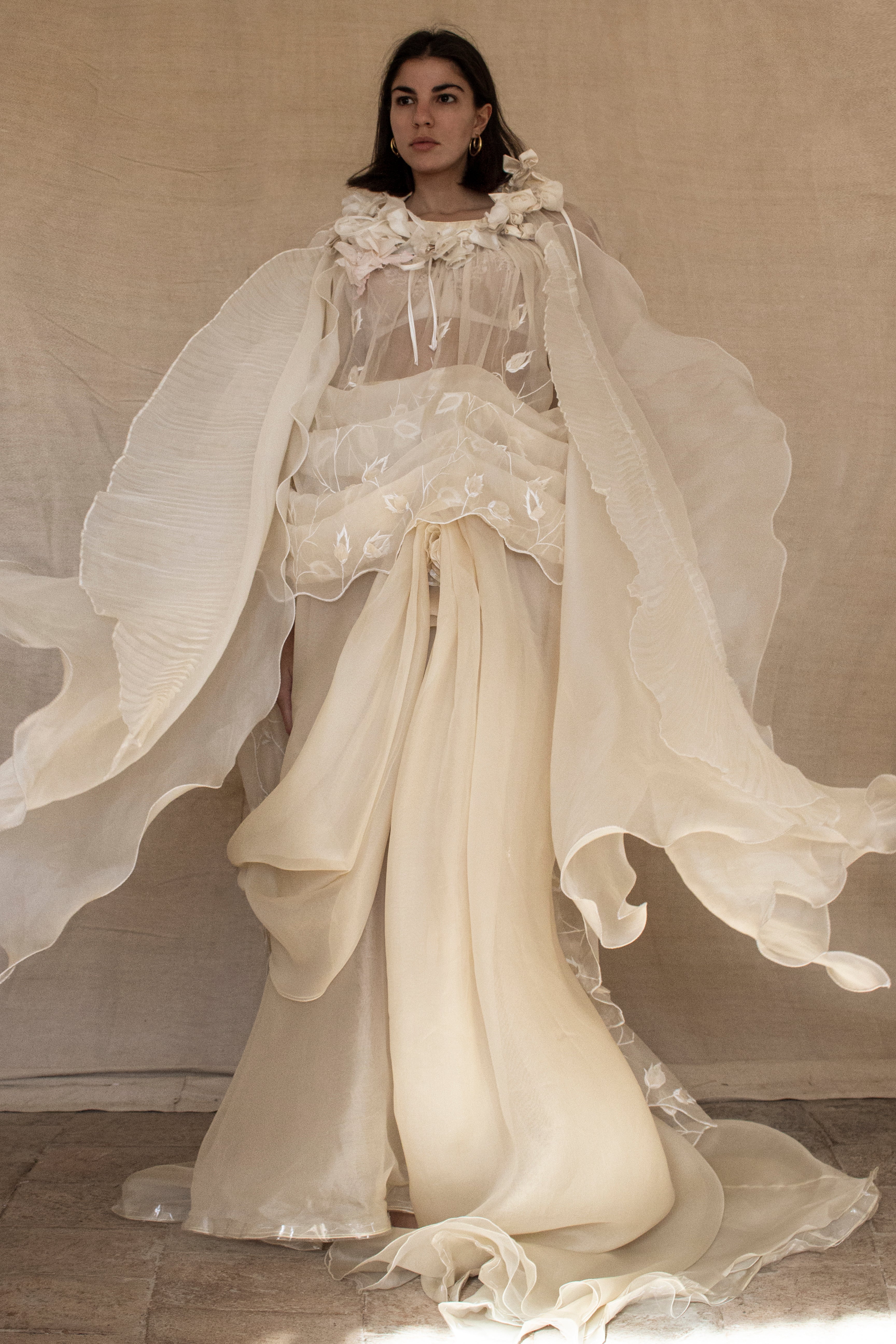 323 - BUCOLIC SILK ORGANDIE WEDDING SET: VINTAGE BUTTERFLY CAPE & DRAPED SKIRT