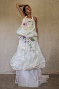 297- UNIQUE ROMANTIC VINTAGE SILK TAFFETA ENSEMBLE: BALLOON TOP & 3D MULTICOLOR FLORAL SKIRT - Vague atelier