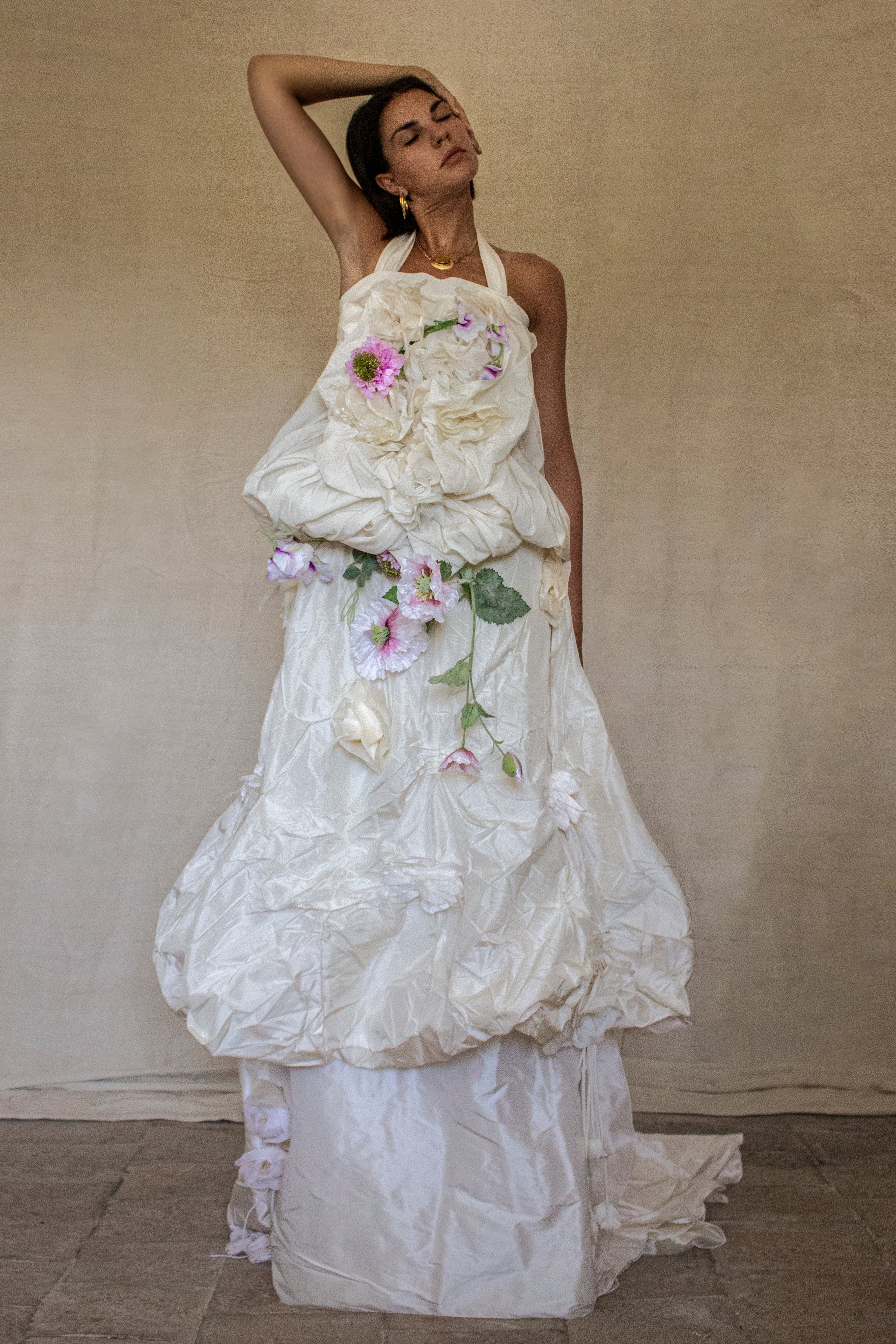 297- UNIQUE ROMANTIC VINTAGE SILK TAFFETA ENSEMBLE: BALLOON TOP & 3D MULTICOLOR FLORAL SKIRT