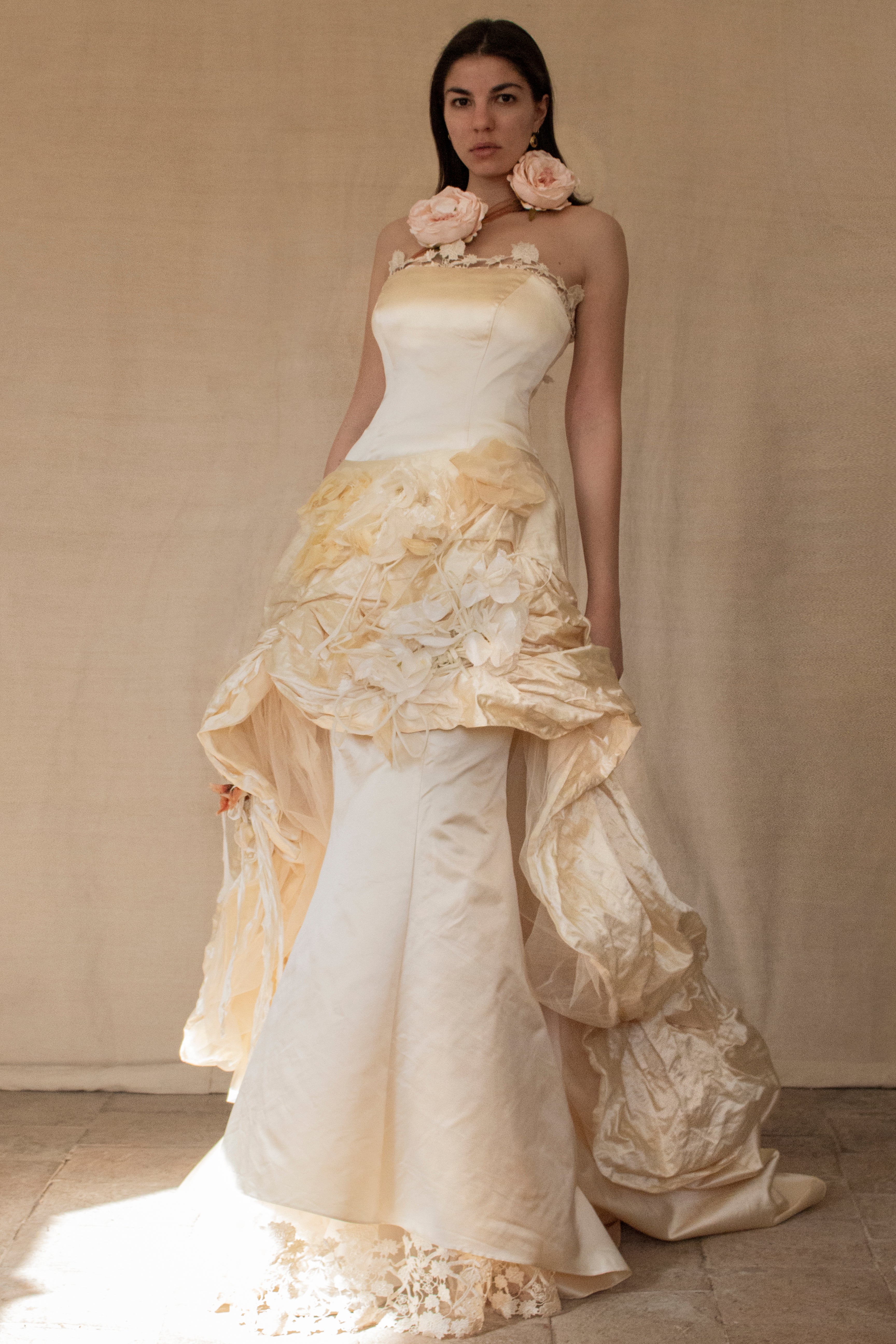 348 - UNIQUE UPCYCLED SILK MERMAID WEDDING DRESS: 90S CREAM TAFFETA GOWN WITH PINK PEONIES, EMBOSSED FLORAL DETAILS & BOHO ROMANTIC STYLE