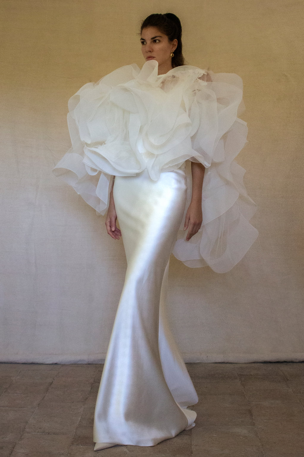 360 - VINTAGE SLIP STYLE WEDDING DRESS: CREAM FLUID SATIN GOWN WITH EMBROIDERED TULLE CAPE