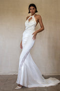 291 - OLD HOLLYWOOD VINTAGE MERMAID BRIDAL GOWN: BACKLESS SILK SATIN & ART DECO SILVER BEADING