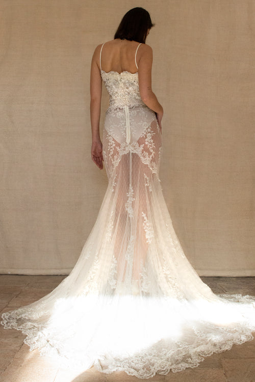 239 - VINTAGE OFF-WHITE MERMAID SWAROVSKI WEDDING DRESS: GOWN WITH NUDE POLKA DOT TULLE & SILVER FLORAL EMBROIDERY