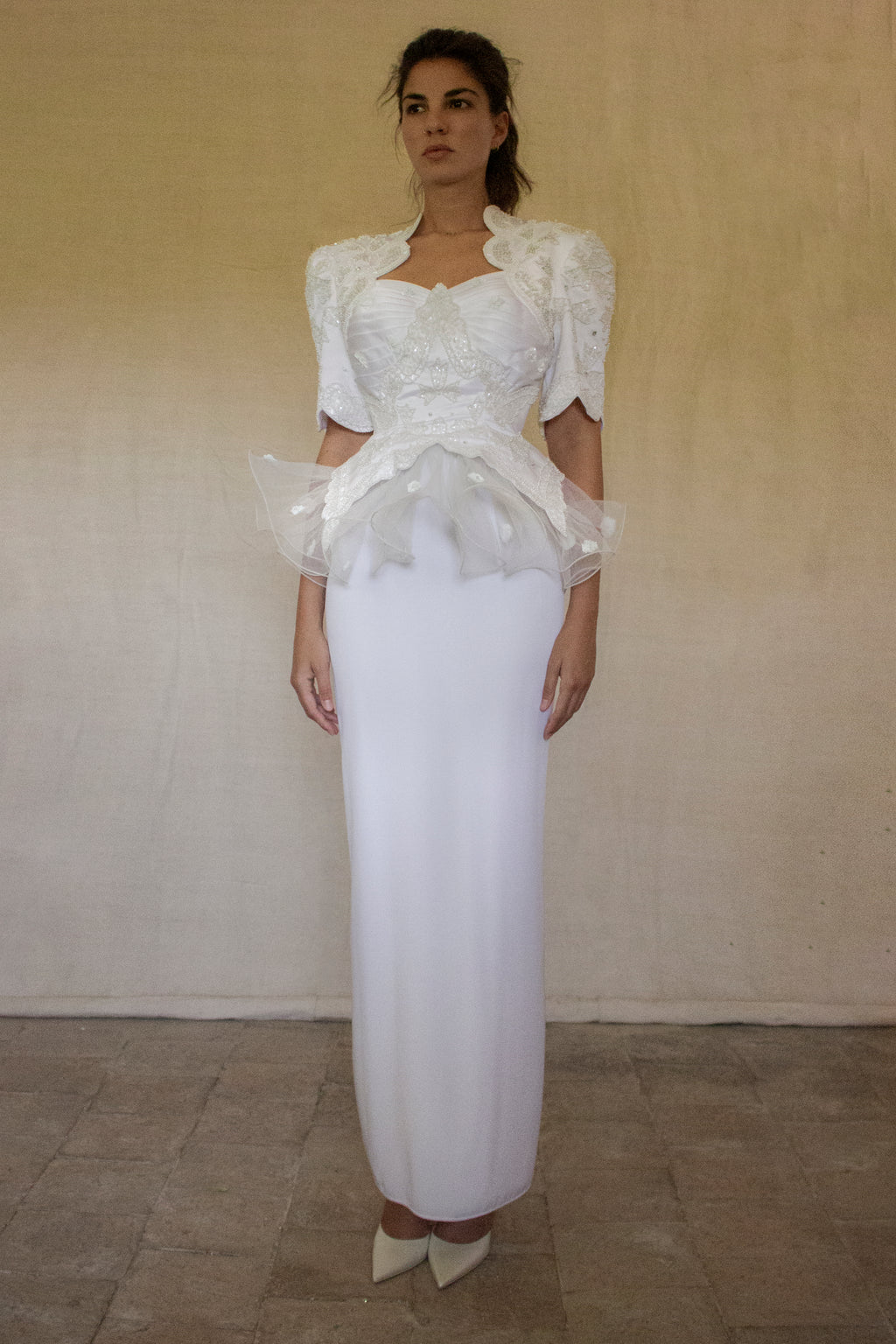Vintage 80s Sheath Wedding Dress | Hand Embroidered Bridal Gown with Slit - 366