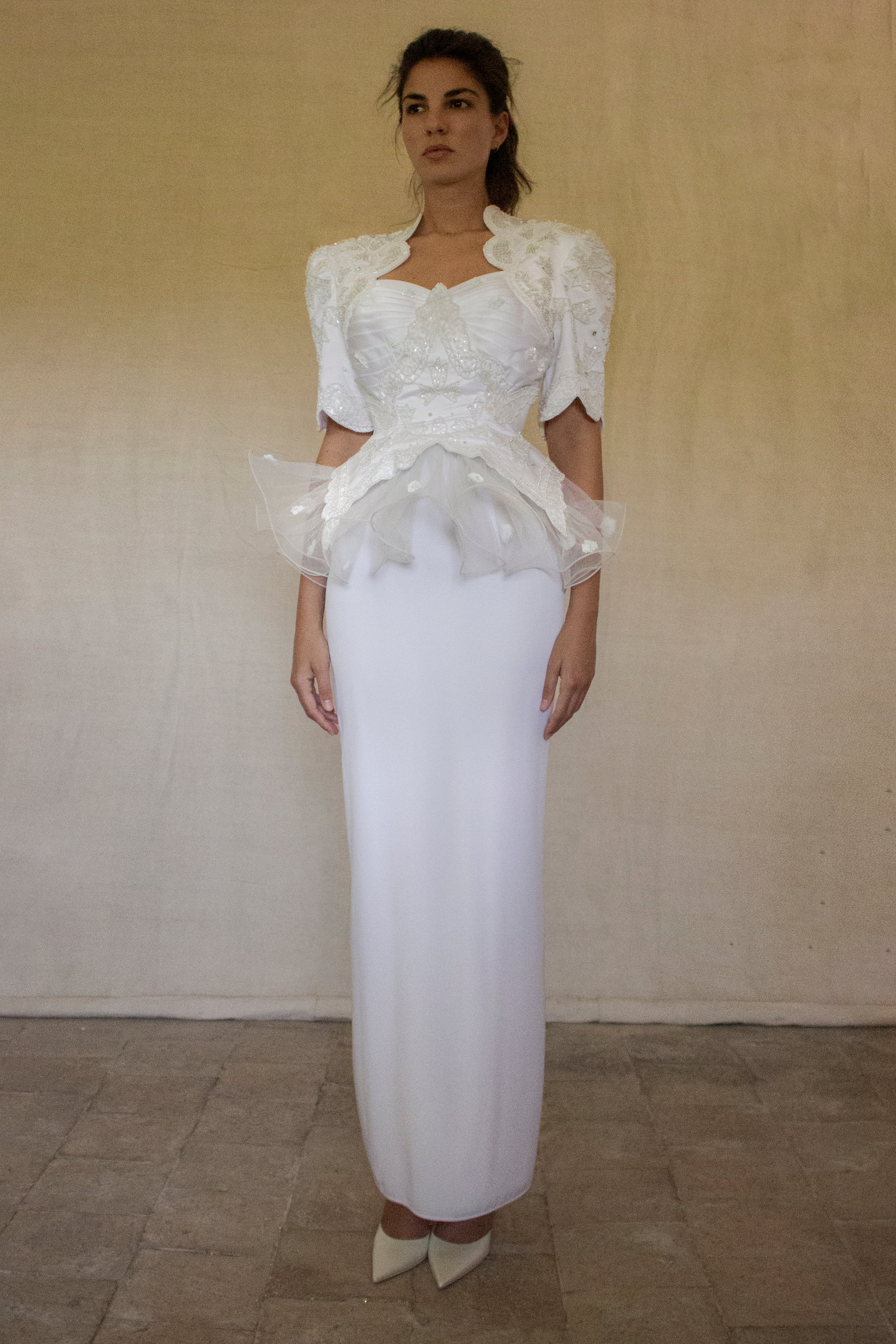 Vintage 80s Sheath Wedding Dress | Hand Embroidered Bridal Gown with Slit - 366