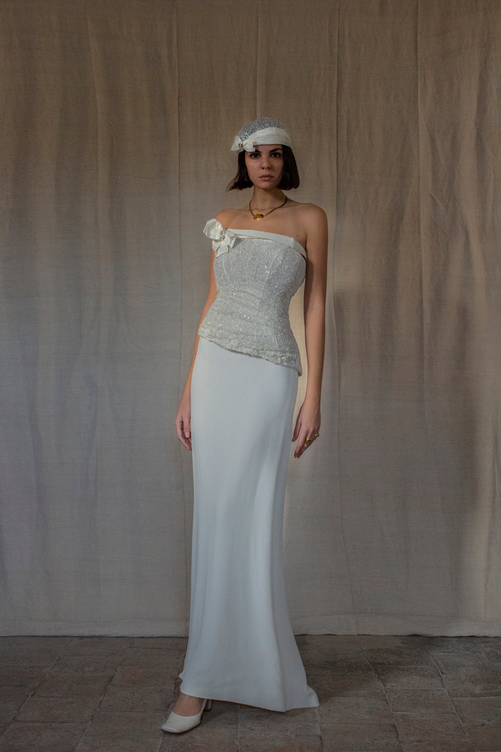255 - CHIC VINTAGE BRIDAL SET: CRYSTAL JEWEL TOP, SILK CREPE PENCIL SKIRT & MATCHING BERET