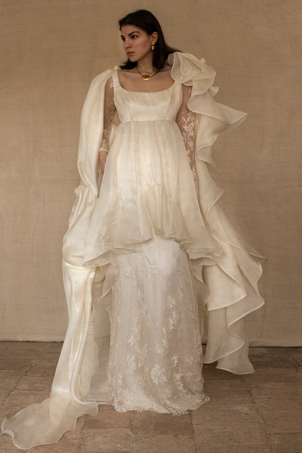 340 - OFF-WHITE SILK ORGANZA & ECRU LACE UPCYCLED WEDDING DRESS: UNIQUE EMPIRE GOWN WITH PLEATED WINGS