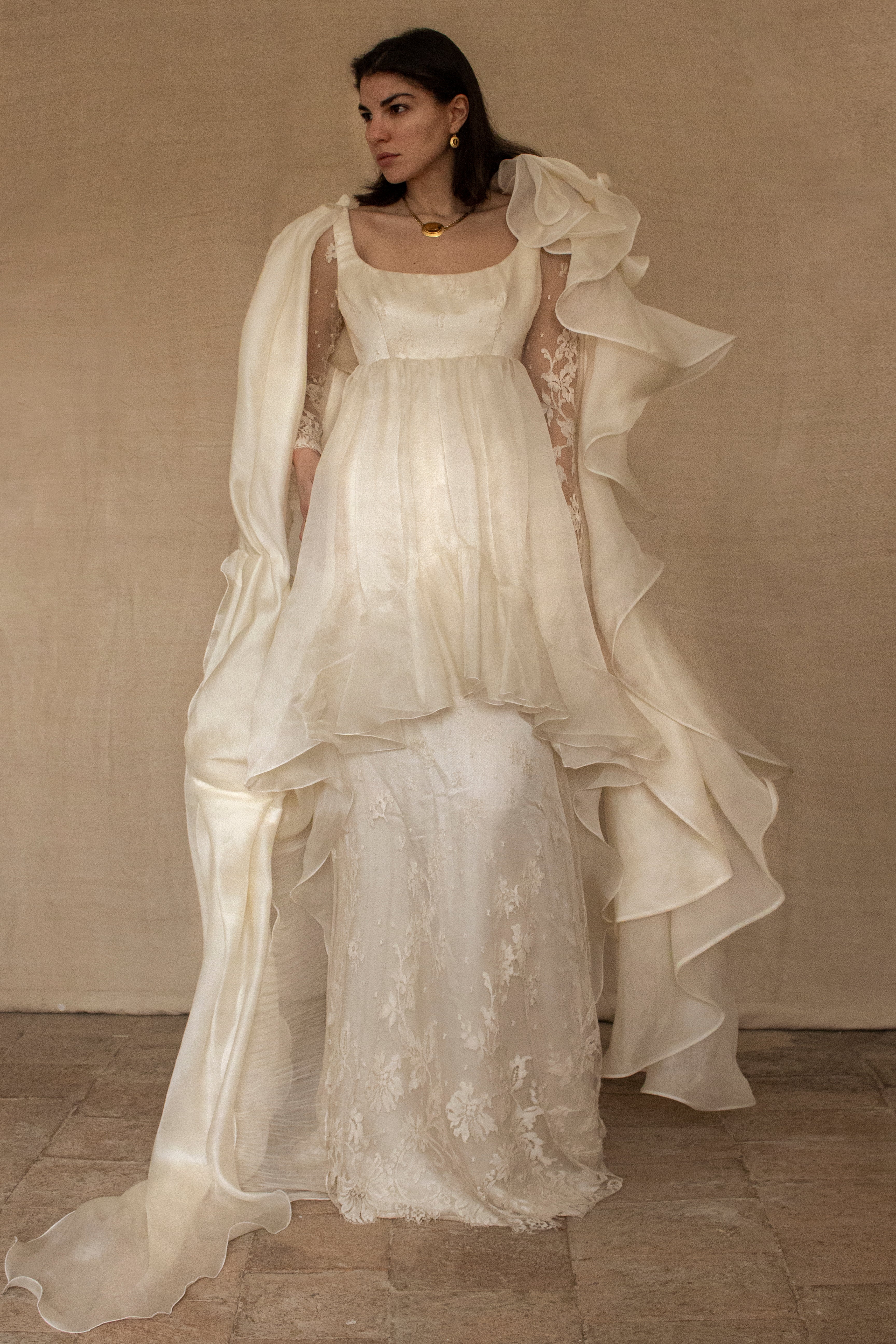 340 - OFF-WHITE SILK ORGANZA & ECRU LACE UPCYCLED WEDDING DRESS: UNIQUE EMPIRE GOWN WITH PLEATED WINGS