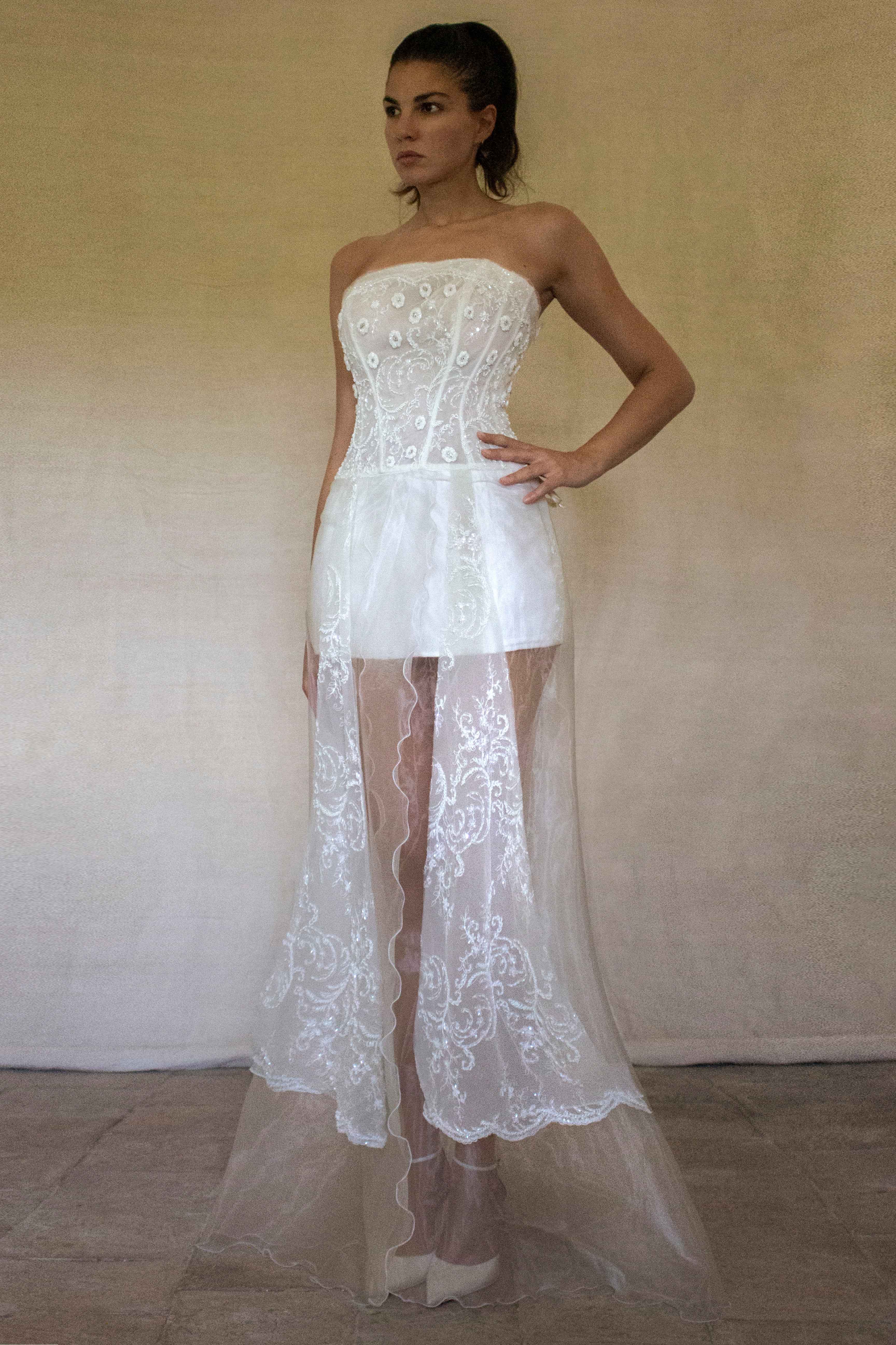 365 - VINTAGE 90s UPCYCLED EMBROIDERED WEDDING DRESS: STRAPLESS WRAP GOWN WITH IRIDESCENT DRAMA CAPE
