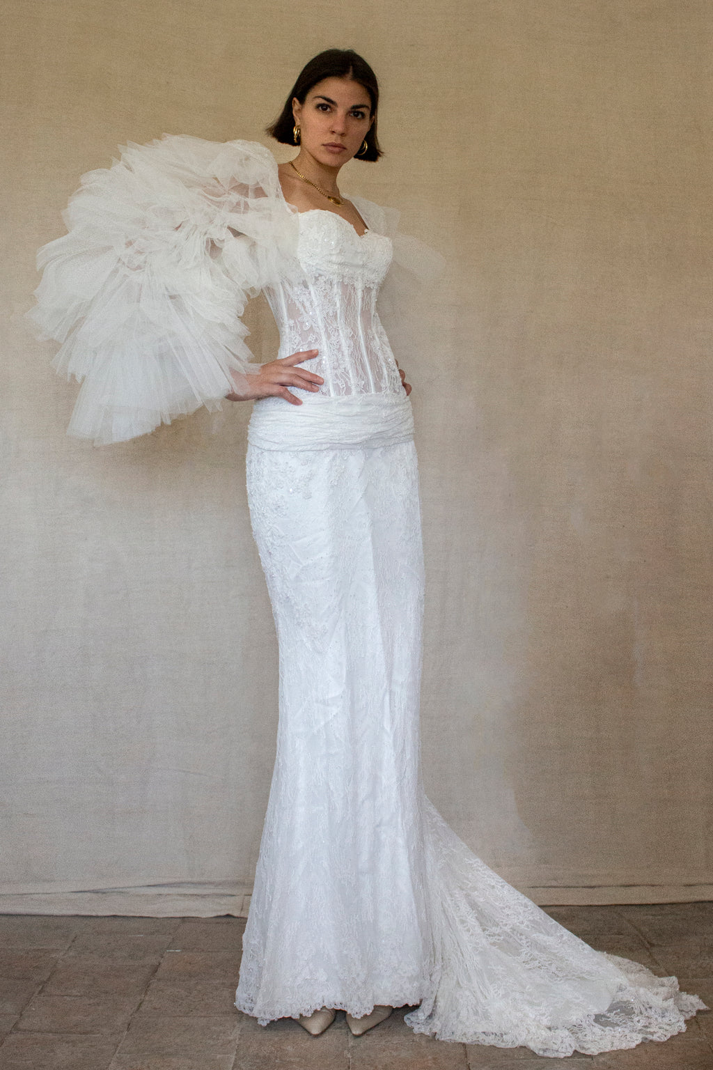 281 - SENSUAL BACKLESS BRIDAL GOWN: NUDE EFFECT EMBROIDERY & VAPOROUS TULLE RUFFLE SLEEVES