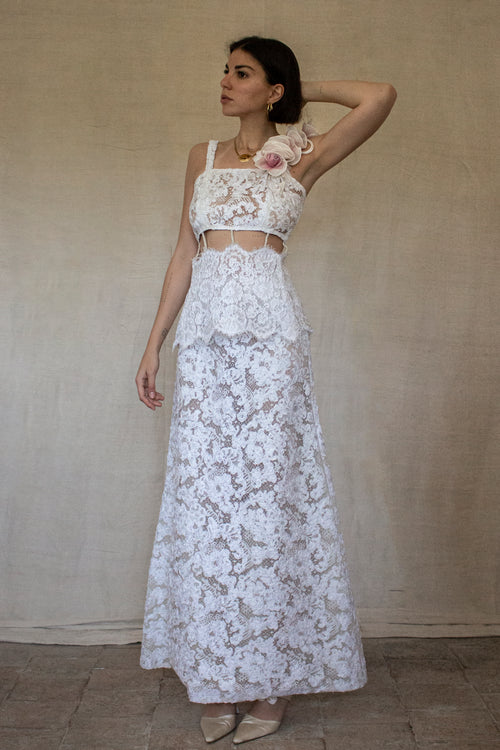 282 - BOHO VINTAGE TWO-PIECE BRIDAL SET: 1960S FULL LACE SKIRT & CROP TOP WITH MINI CAPE - Vague atelier