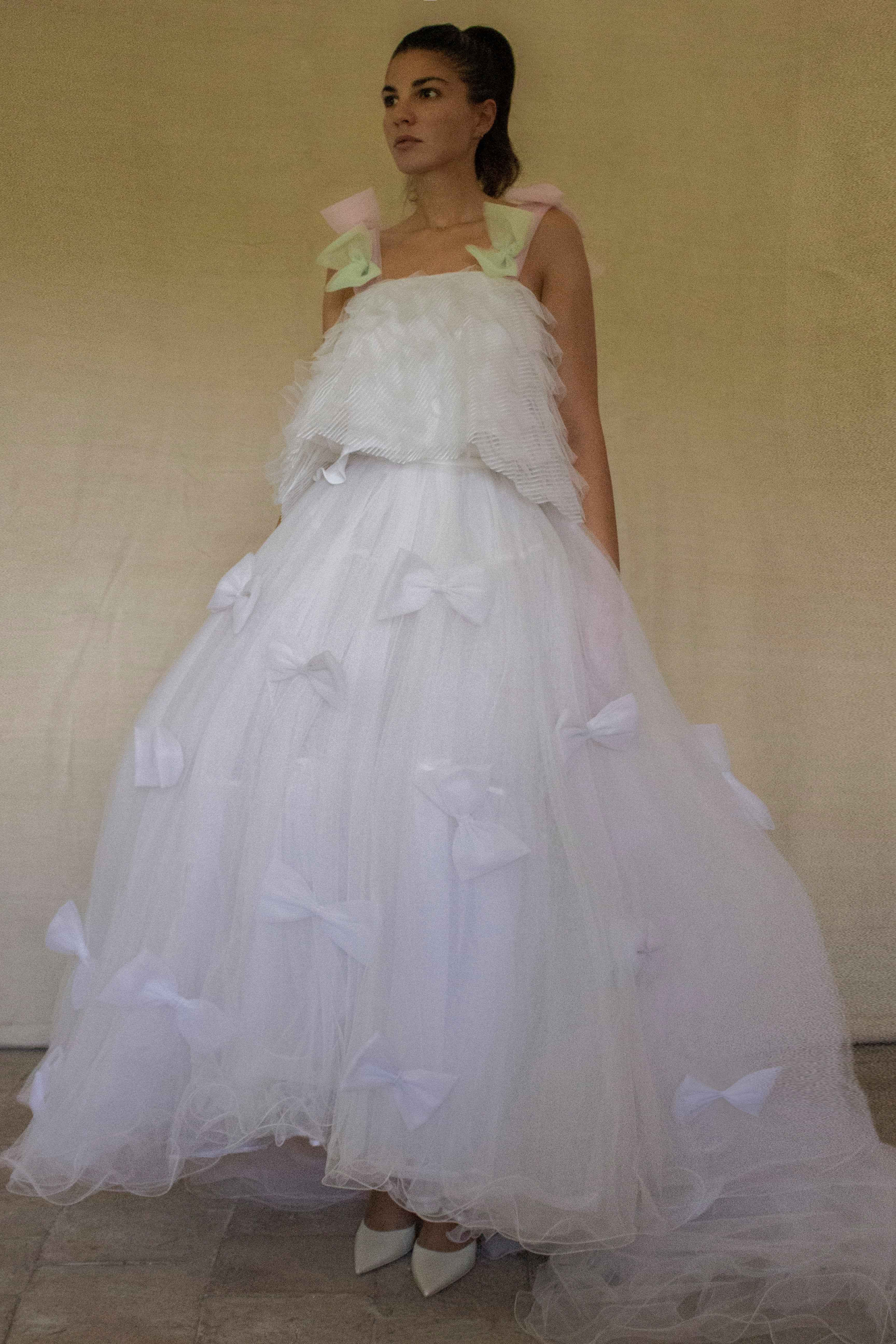 363 - VINTAGE 90s UPCYCLED TULLE 3-PIECE WEDDING DRESS: EMBROIDERED GOWN WITH HANDMADE BOWS AND CAPE