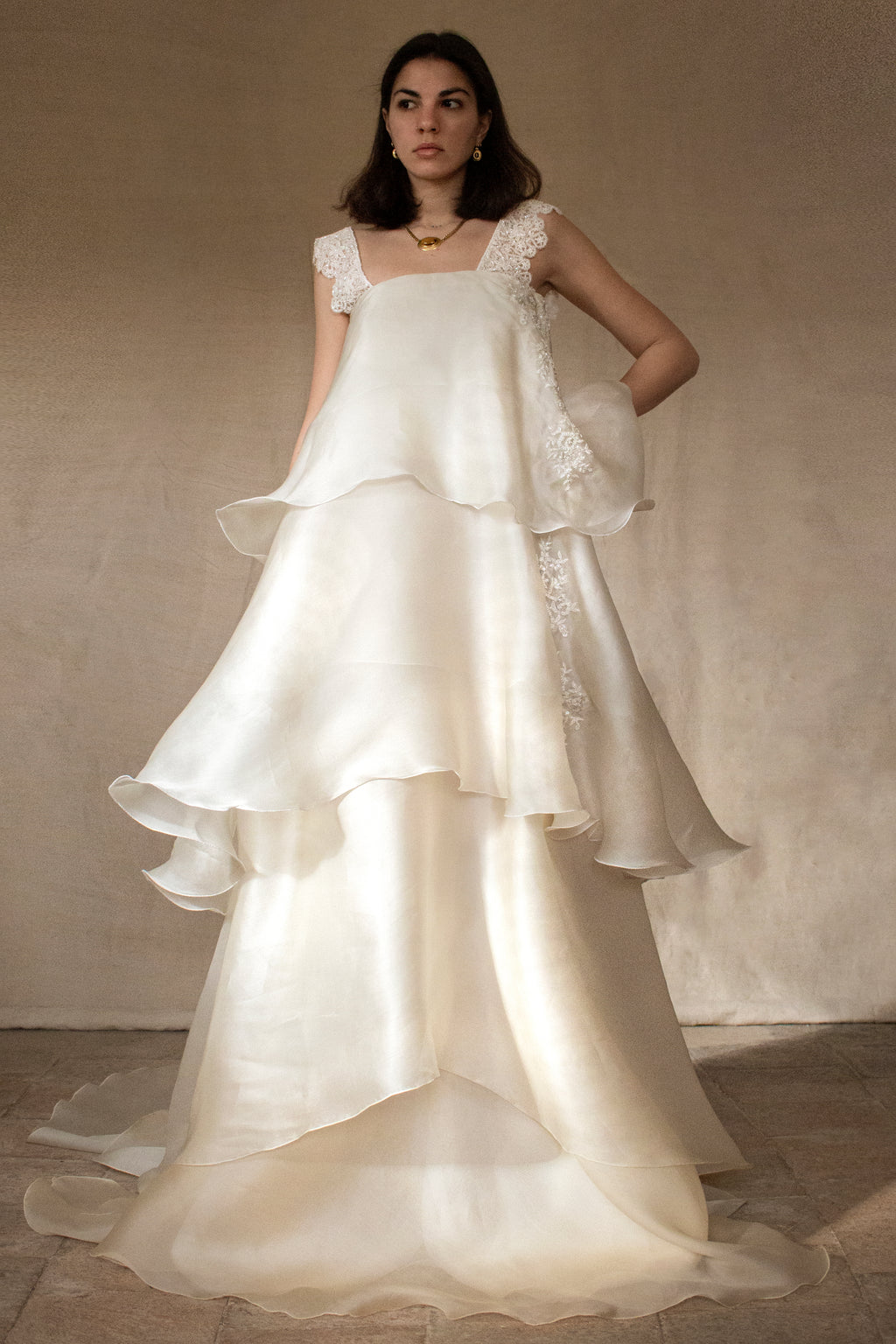 344 - UNIQUE UPCYCLED SILK ORGANZA WEDDING DRESS: PEARL GREY & BRONZE RUFFLED GOWN, SILVER EMBROIDERY, LUXURY SUSTAINABLE BRIDAL DRESS - Vague atelier