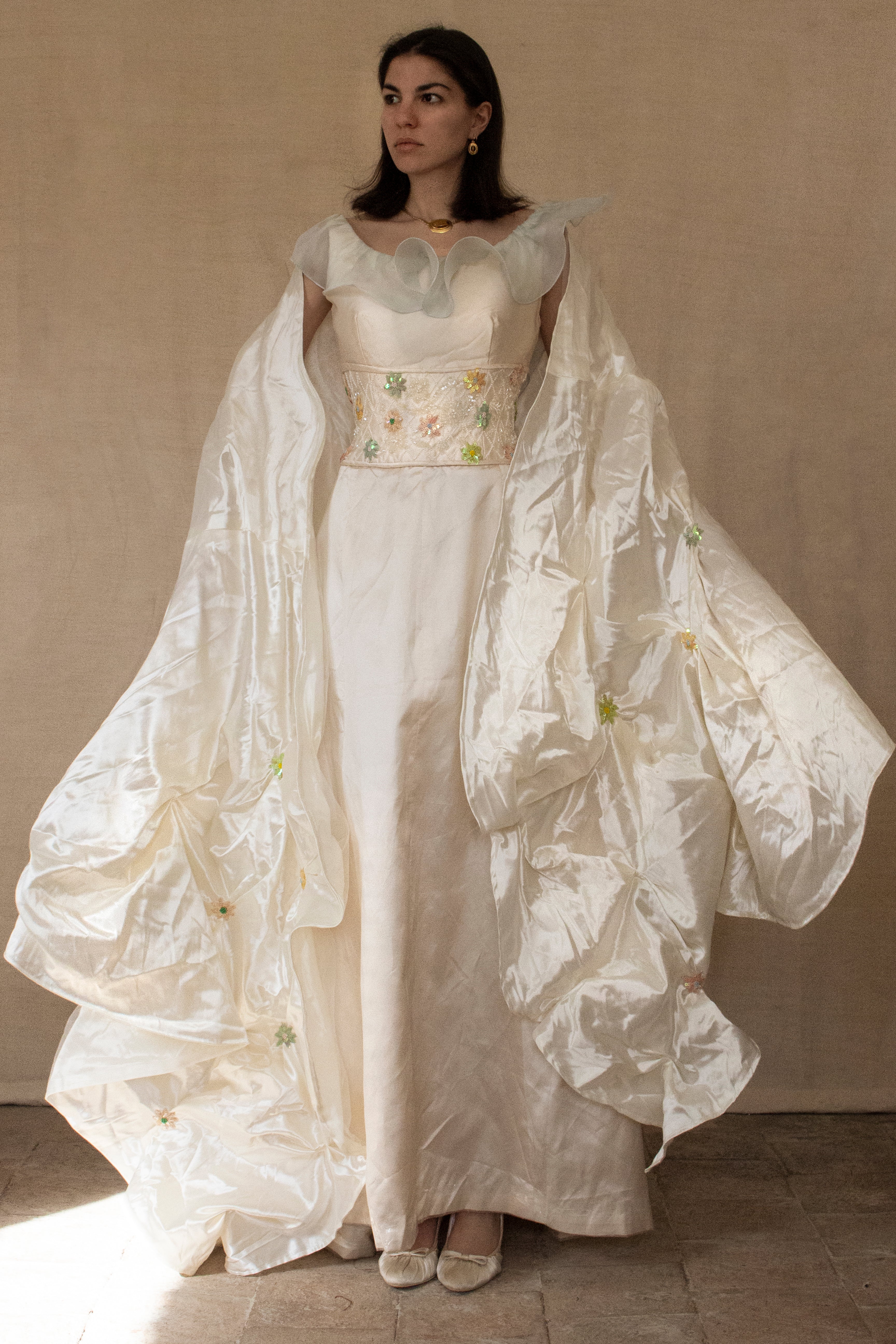 346 - UNIQUE UPCYCLED SILK TAFFETA WEDDING DRESS: PALE PINK MIKADO GOWN WITH MINT RUFFLE, SEQUIN FLORAL EMBROIDERY & MAXI STOLE