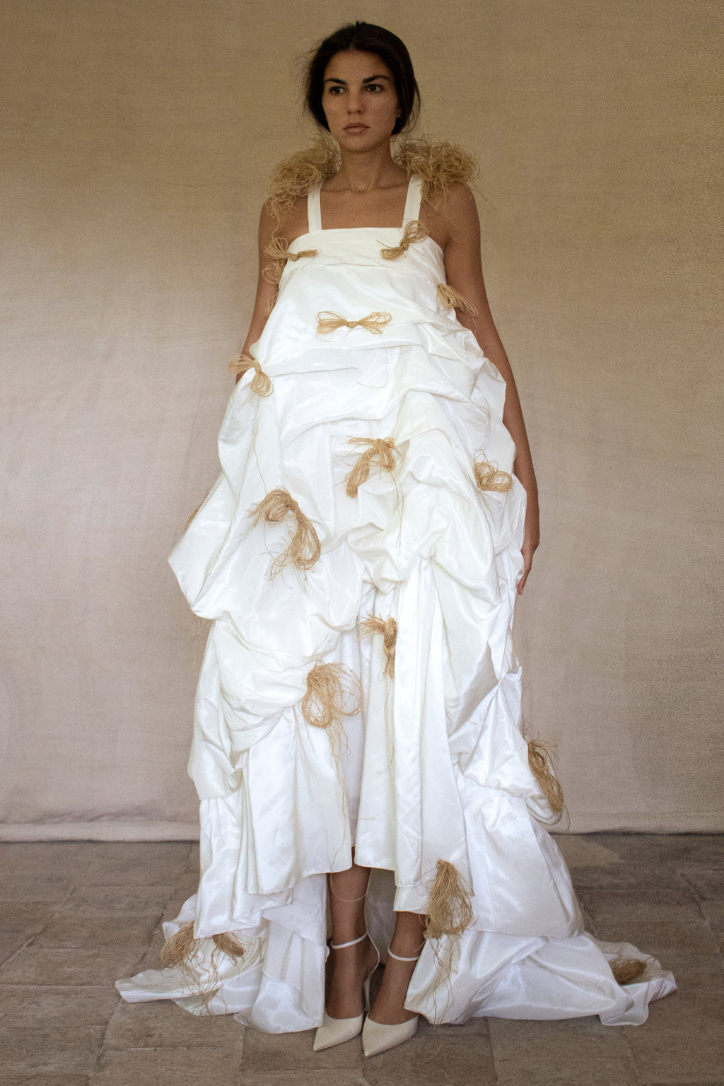 Vintage Ivory Taffeta Wedding Dress | Hemp Bows Gown - 374