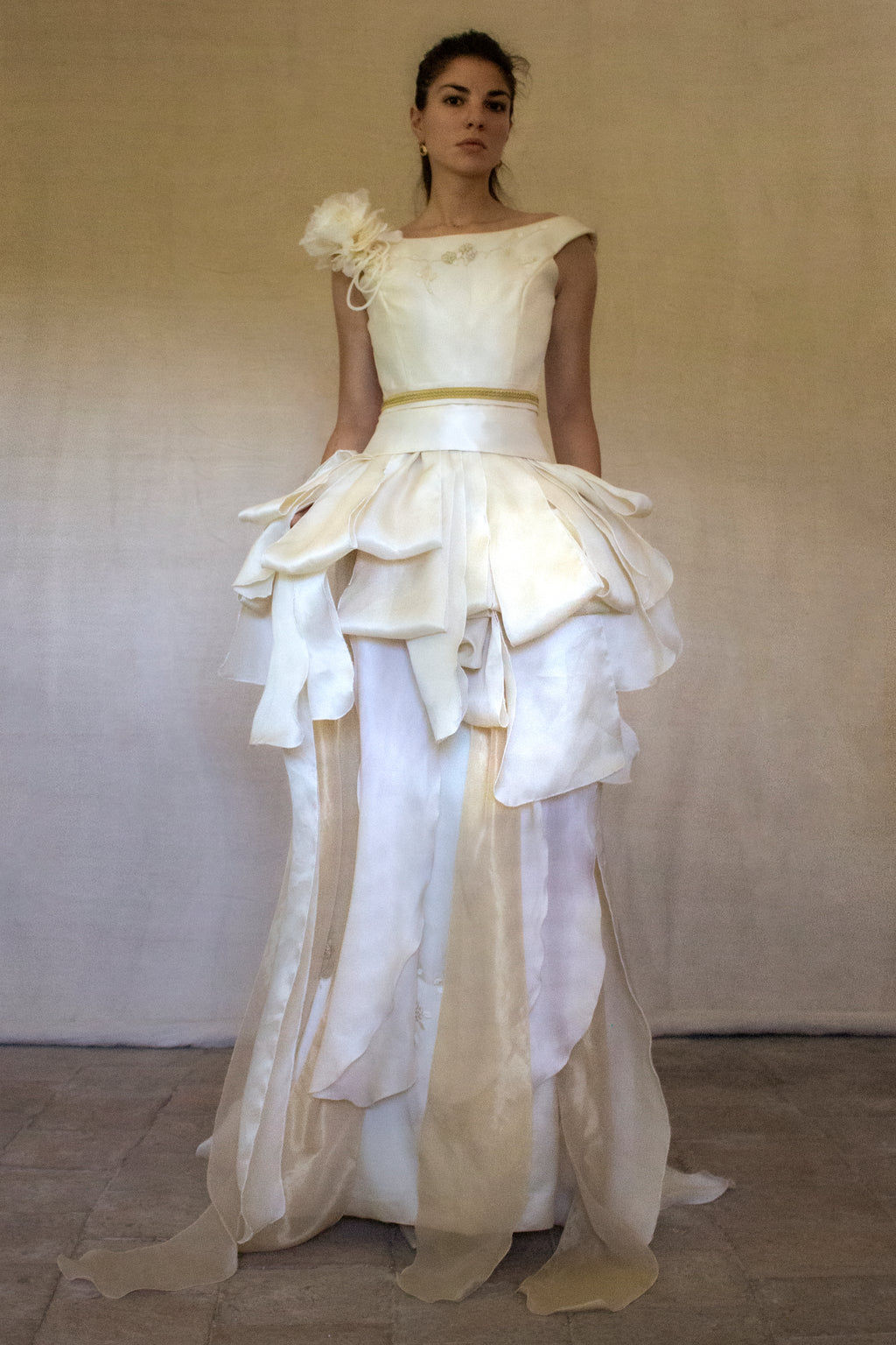 357 - VINTAGE 90s UPCYCLED SILK ORGANZA WEDDING DRESS: EMBROIDERED GOWN WITH HANDMADE FRINGE