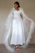 299 - AUTHENTIC 1960S VINTAGE DAMASK BRIDAL DRESS: BON TON ANKLE-LENGTH SHEATH WITH RUFFLED TULLE CAPE - Vague atelier