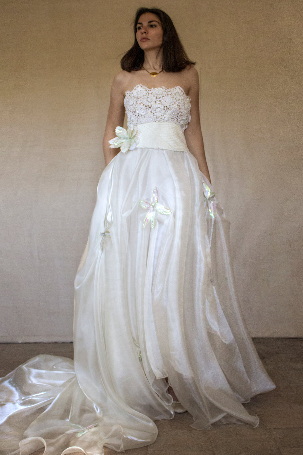 352 - UNIQUE 80S VINTAGE UPCYCLED WEDDING DRESS: EMPIRE WAIST SILK BRIDAL GOWN WITH IRIDESCENT ORGANZA & SEQUIN MAXI FLOWERS - Vague atelier