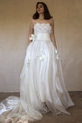 352 - UNIQUE 80S VINTAGE UPCYCLED WEDDING DRESS: EMPIRE WAIST SILK BRIDAL GOWN WITH IRIDESCENT ORGANZA & SEQUIN MAXI FLOWERS - Vague atelier
