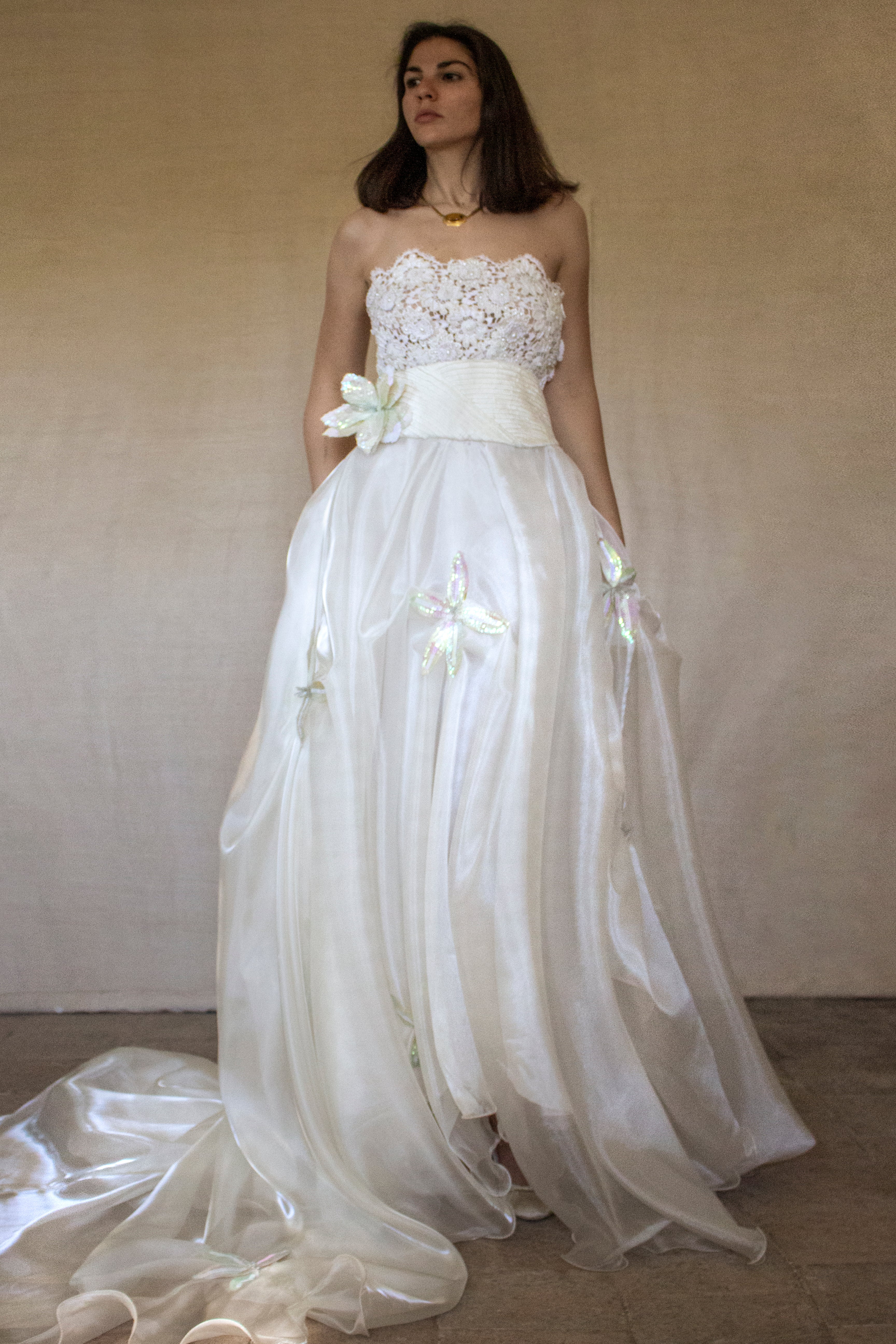 352 - UNIQUE 80S VINTAGE UPCYCLED WEDDING DRESS: EMPIRE WAIST SILK BRIDAL GOWN WITH IRIDESCENT ORGANZA & SEQUIN MAXI FLOWERS - Vague atelier