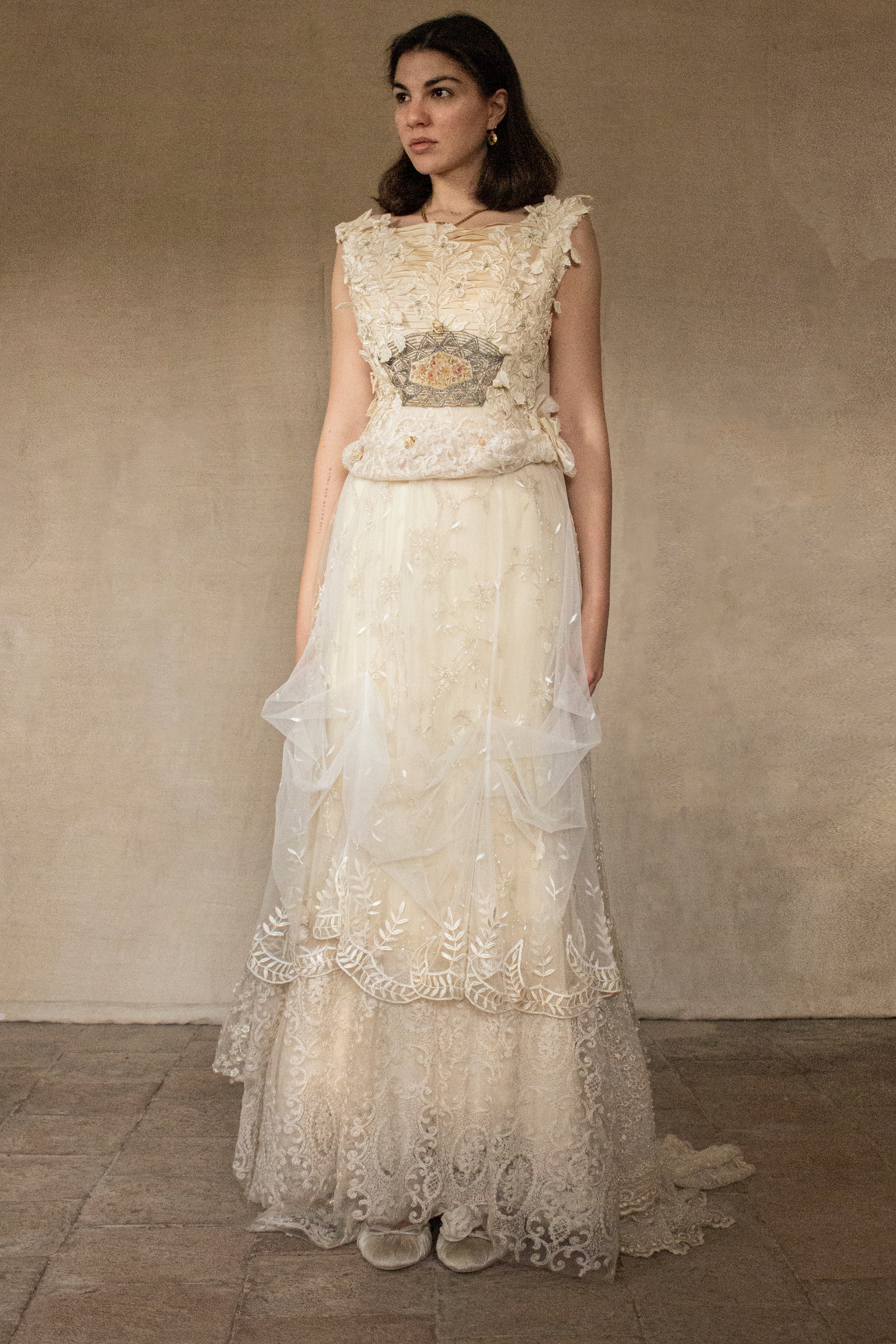 343 - UNIQUE UPCYCLED LACE WEDDING DRESS: VINTAGE BOHO BRIDAL GOWN, 50S 70S SILK EMBROIDERY, GOLD & SILVER LUXURY SUSTAINABLE WEDDING DRESS