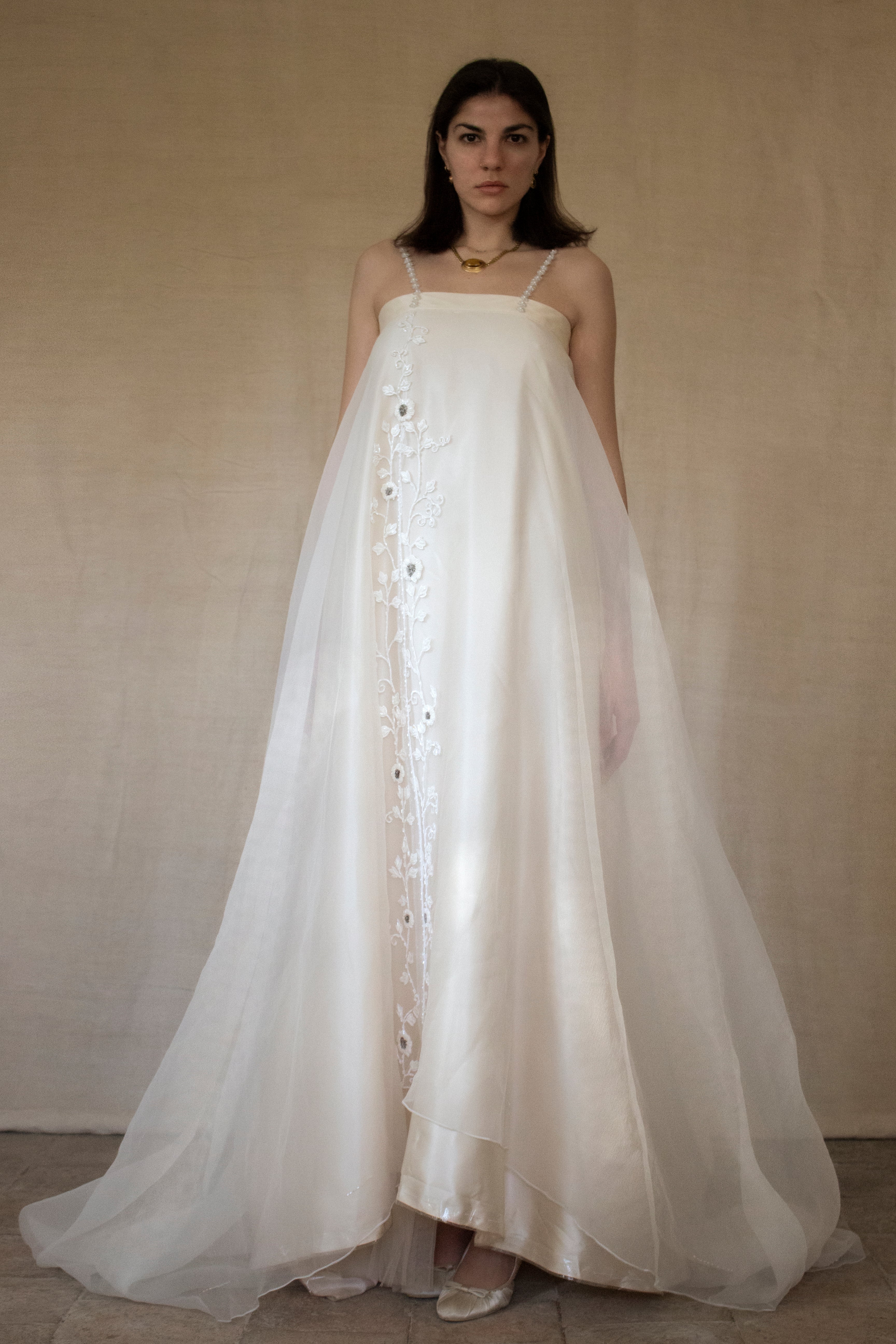 347 - UNIQUE UPCYCLED SILK SATIN WEDDING DRESS: POWDER PINK SLIP GOWN & IVORY CAPE ENSEMBLE, SILVER FLORAL EMBROIDERY, BOHO LUXURY