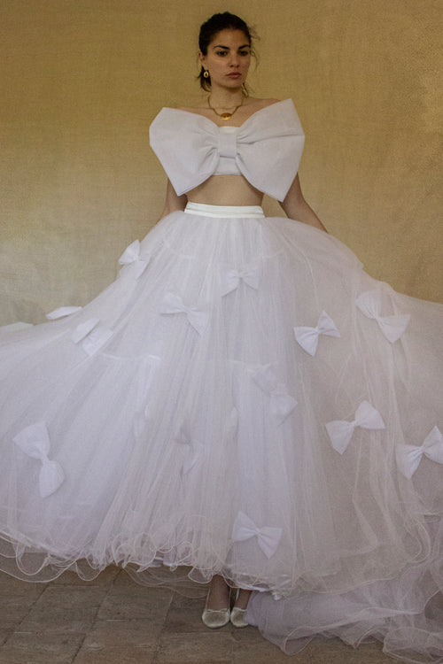 236 - VINTAGE TWO-PIECE TULLE WEDDING DRESS: CROP TOP WITH MAXI BOW & BIG BALL GOWN SKIRT - WHITE 90s STYLE