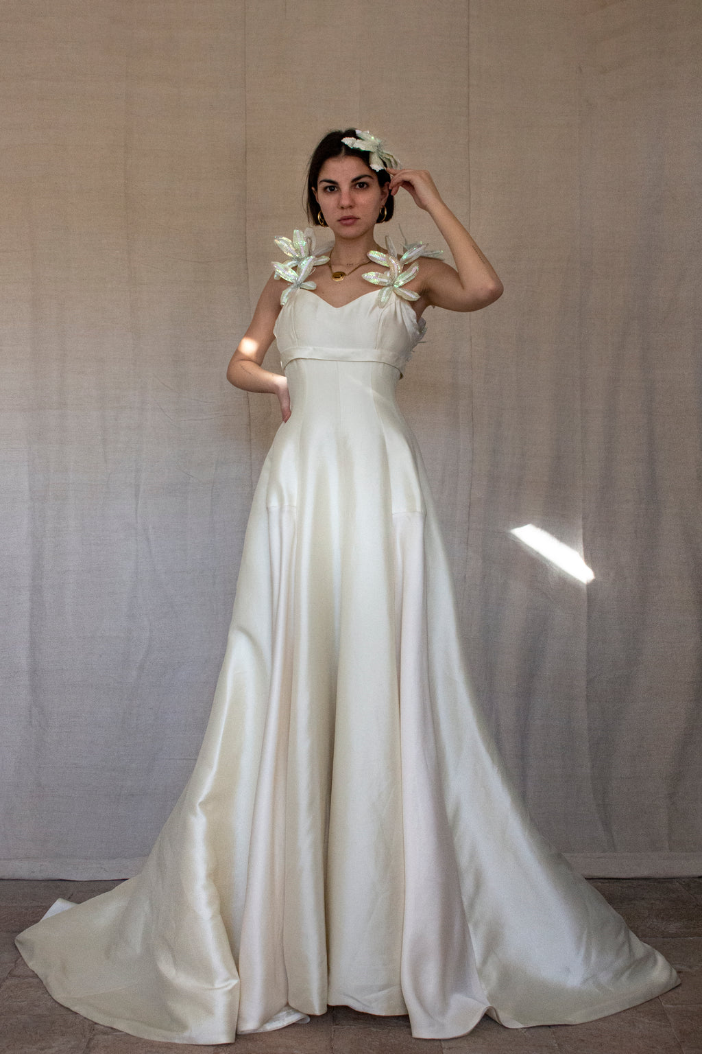 262 - RARE VINTAGE CHAMPAGNE BRIDAL GOWN: SILK MIKADO WITH AUTHENTIC 80S SEQUIN MAXI FLOWERS