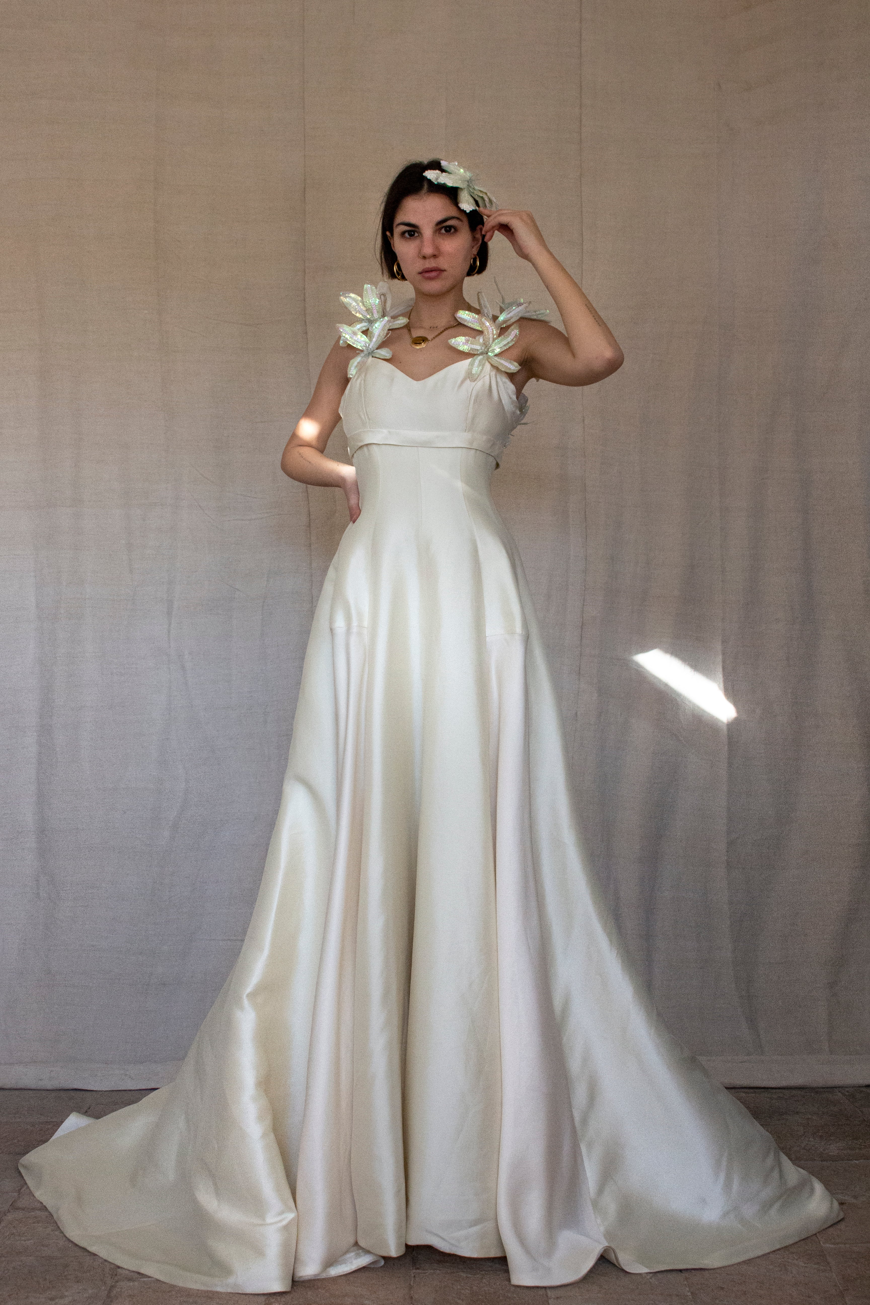 262 - RARE VINTAGE CHAMPAGNE BRIDAL GOWN: SILK MIKADO WITH AUTHENTIC 80S SEQUIN MAXI FLOWERS