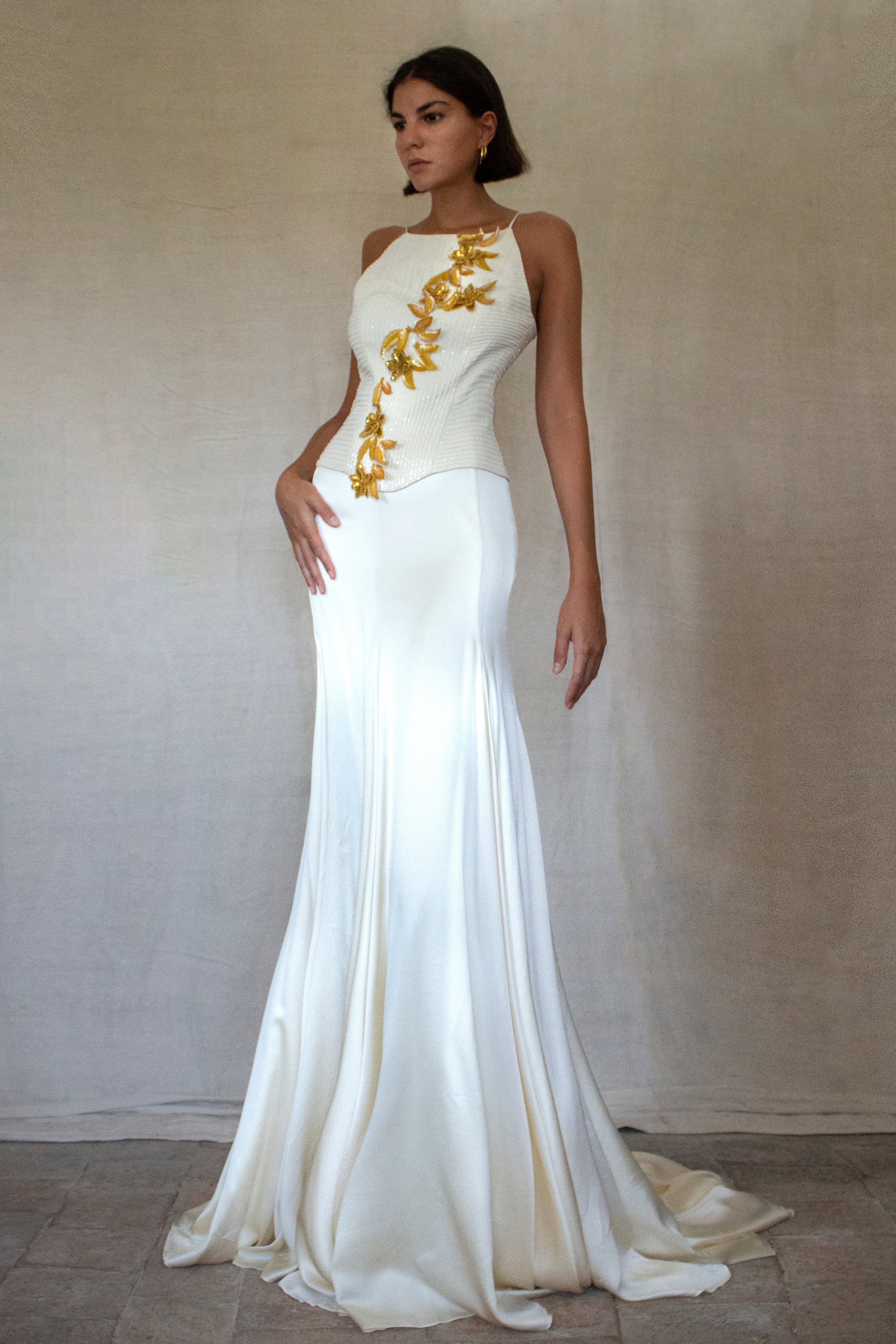 300 - SOPHISTICATED PURE SILK VINTAGE BRIDAL SET: HALTER TOP WITH ANTIQUE GOLD SEQUIN FLOWERS & MATCHING VEIL