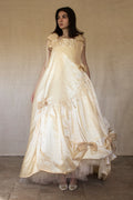 354 - UNIQUE SILK TAFFETA TRAPEZE WEDDING DRESS: CREAM & CARAMEL GOWN WITH MAXI ORGANZA BOWS, OPEN BACK & RUFFLES - Vague atelier
