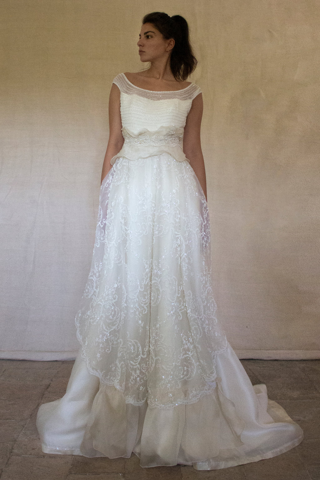 Vintage 90s A-Line Wedding Dress | Embroidered Silk Organza Bridal Gown - 367