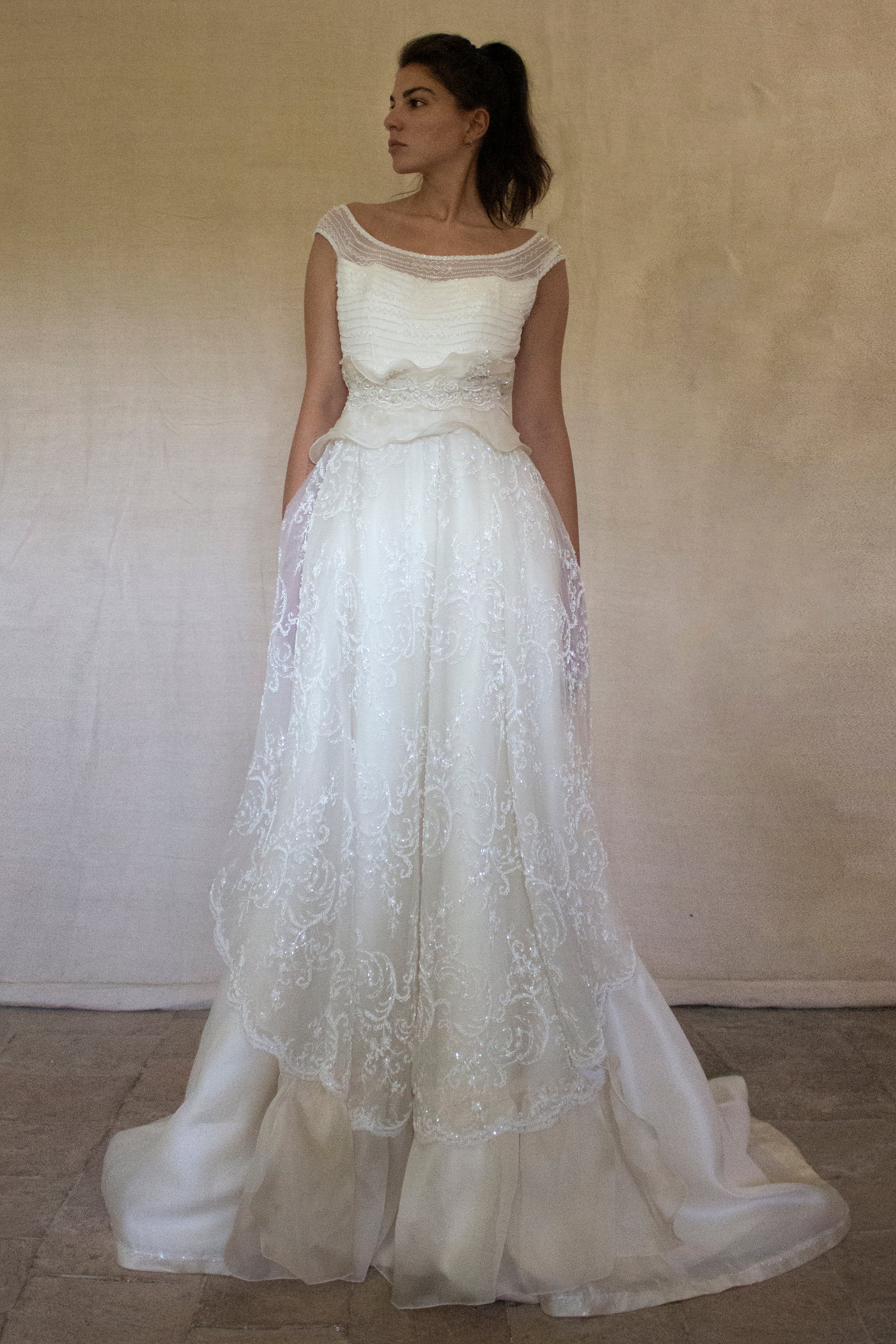 Vintage 90s A-Line Wedding Dress | Embroidered Silk Organza Bridal Gown - 367