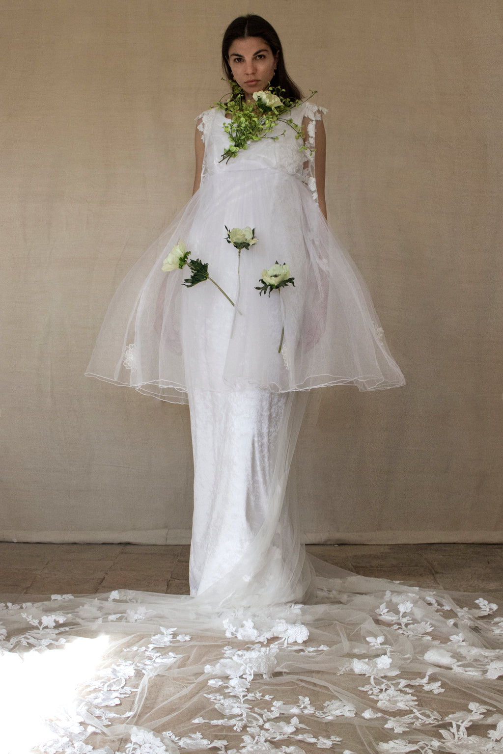350 - UNIQUE VINTAGE UPCYCLED WEDDING DRESS: PEARL GREY VELVET SHEATH WITH TUTU & MAXI EMBROIDERED BRIDAL CAPE, SPRING BOHO STYLE - Vague atelier