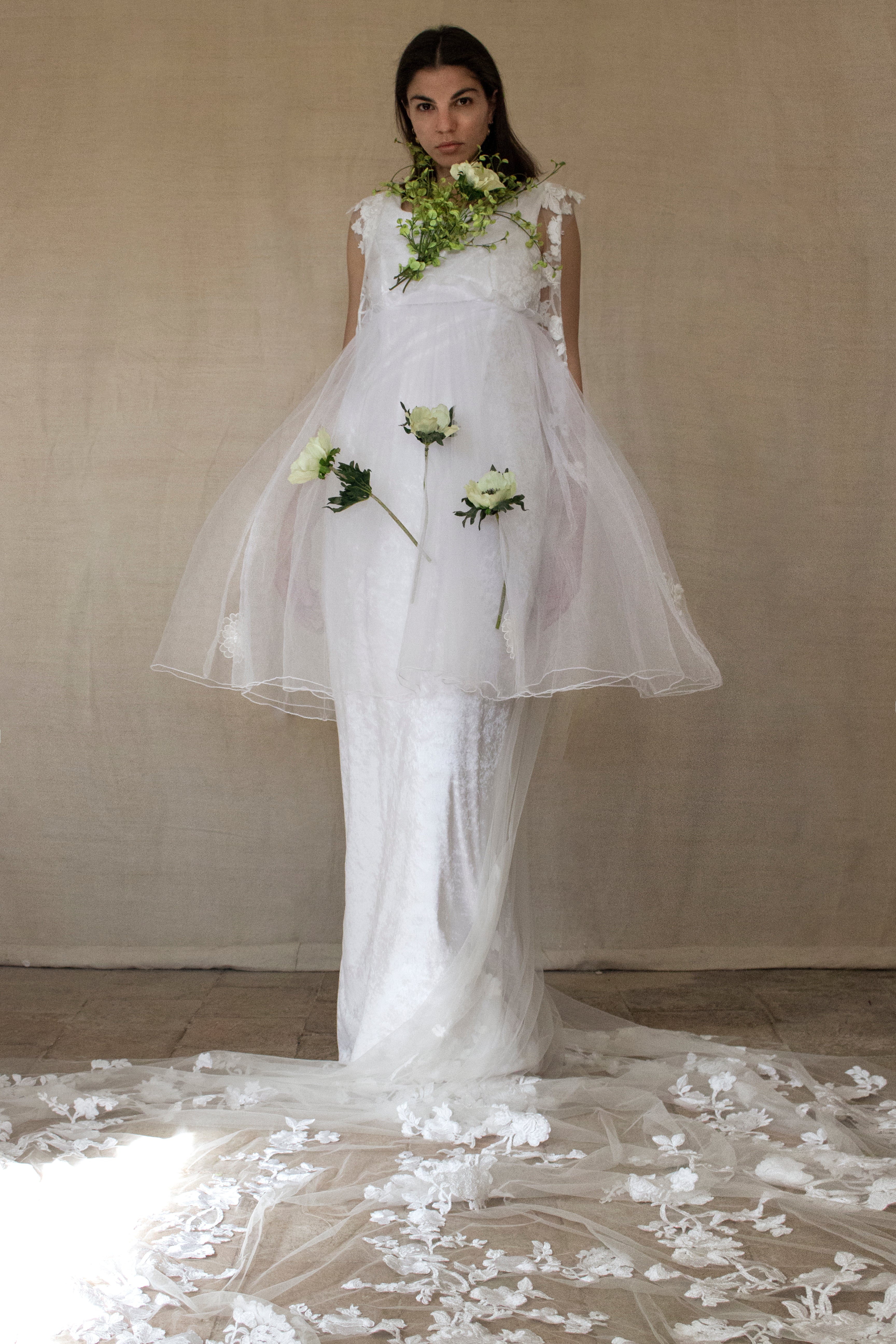 350 - UNIQUE VINTAGE UPCYCLED WEDDING DRESS: PEARL GREY VELVET SHEATH WITH TUTU & MAXI EMBROIDERED BRIDAL CAPE, SPRING BOHO STYLE - Vague atelier