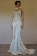 362 - VINTAGE 90s SILK BRIDAL TWO PIECE SET: EMBROIDERED BUSTIER AND FLUID CREAM SKIRT