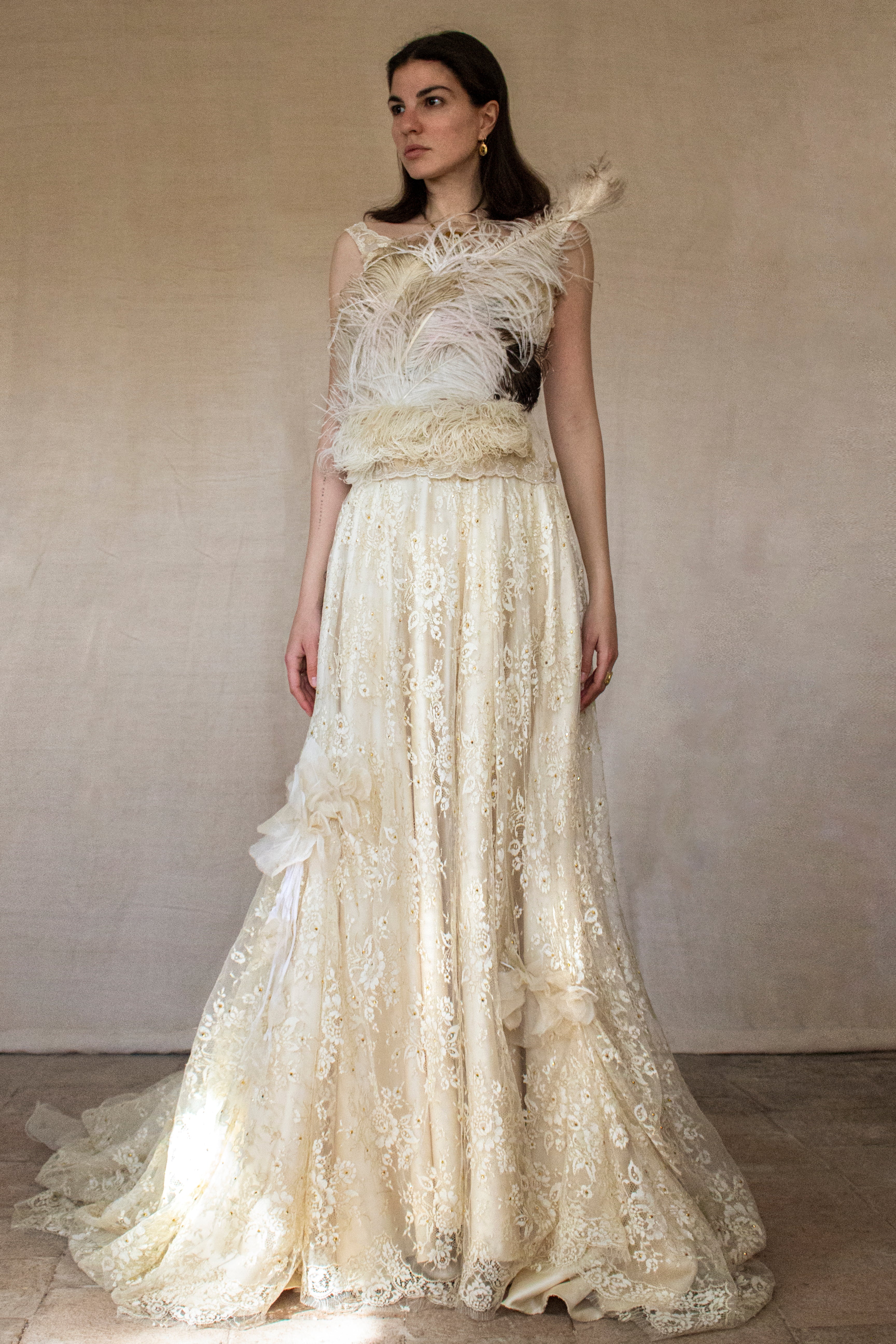 349 - UNIQUE VINTAGE TWO-PIECE WEDDING DRESS: GOLD LACE A-LINE SKIRT & BUSTIER WITH ANTIQUE FEATHERS, 90S LUXURY BRIDAL ENSEMBLE, BOHO ROMANTIC