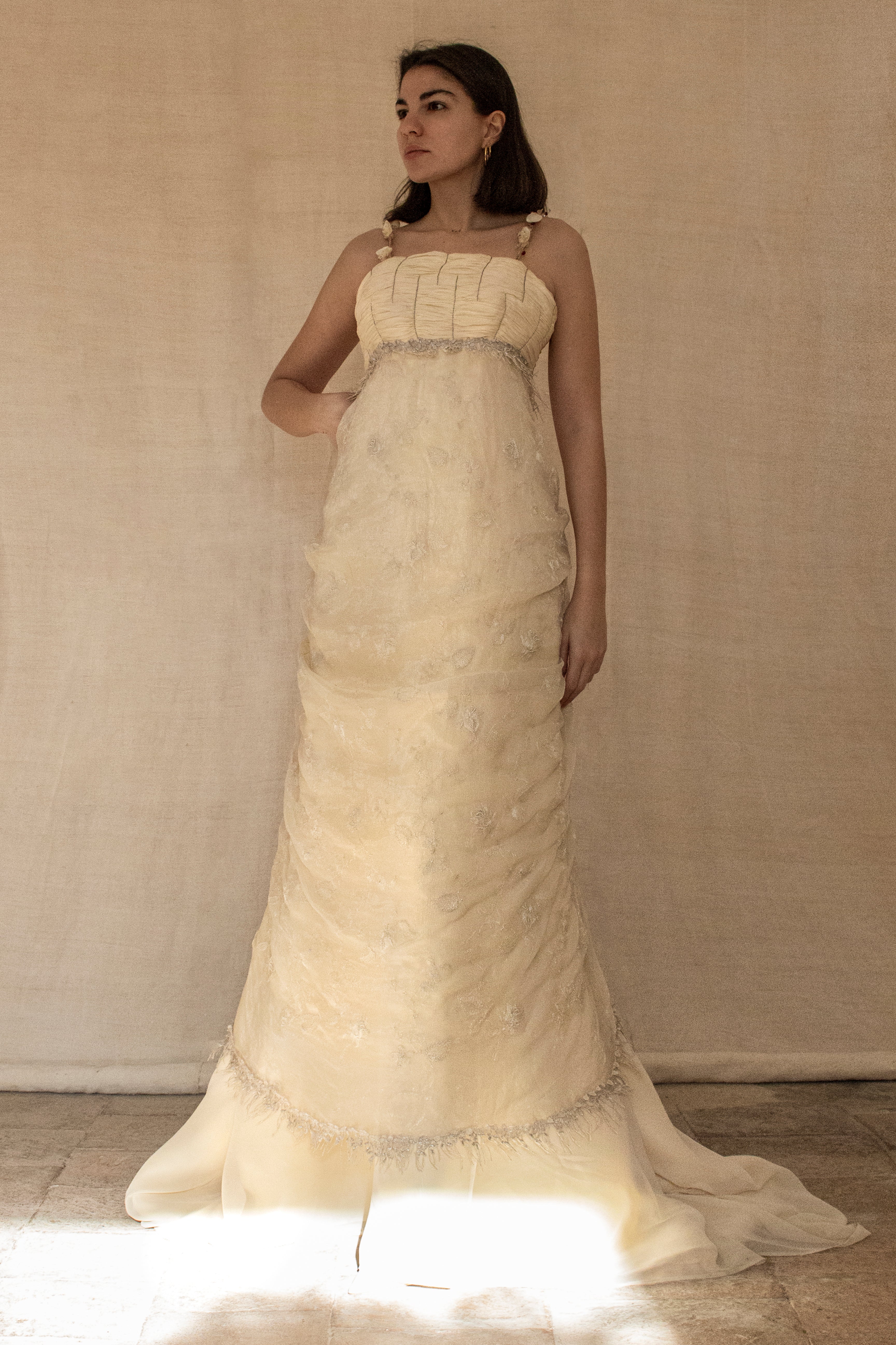 336 - DARK BEIGE SILK EMPIRE WEDDING DRESS: VINTAGE 90s GOWN WITH ROARING 20s DETAILS & SILVER EMBROIDERY