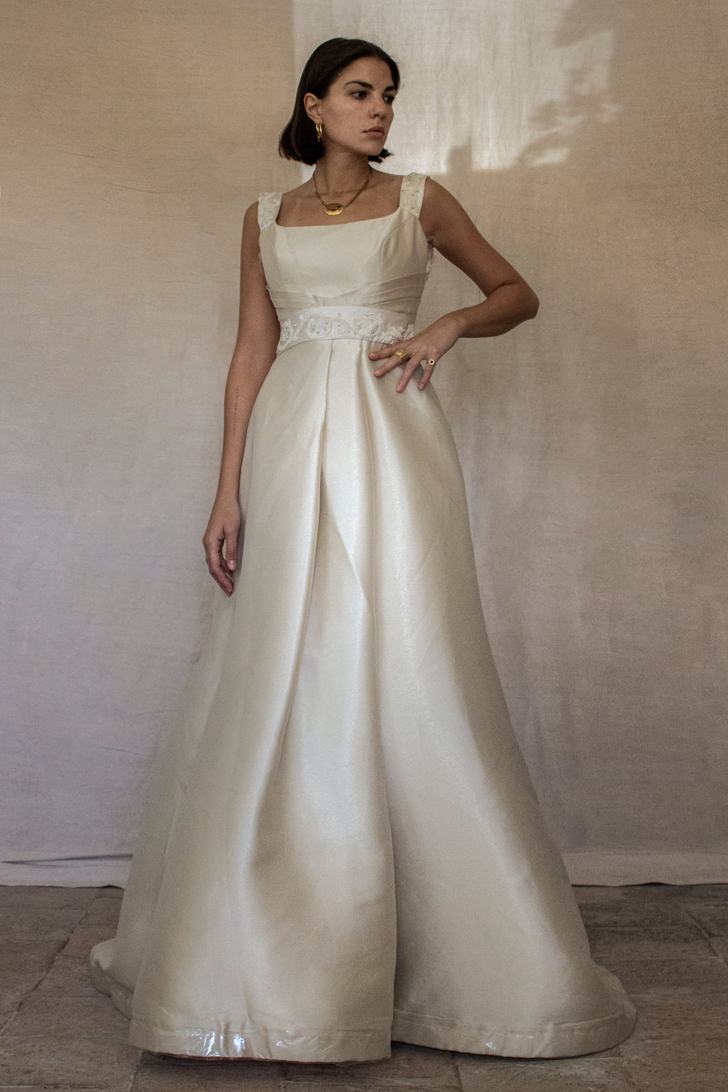 307 - REGAL BRONZE SILK MIKADO WEDDING DRESS: A-LINE GOWN WITH ANTIQUE 1960S EMBROIDERY