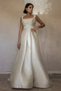 307 - REGAL BRONZE SILK MIKADO WEDDING DRESS: A-LINE GOWN WITH ANTIQUE 1960S EMBROIDERY