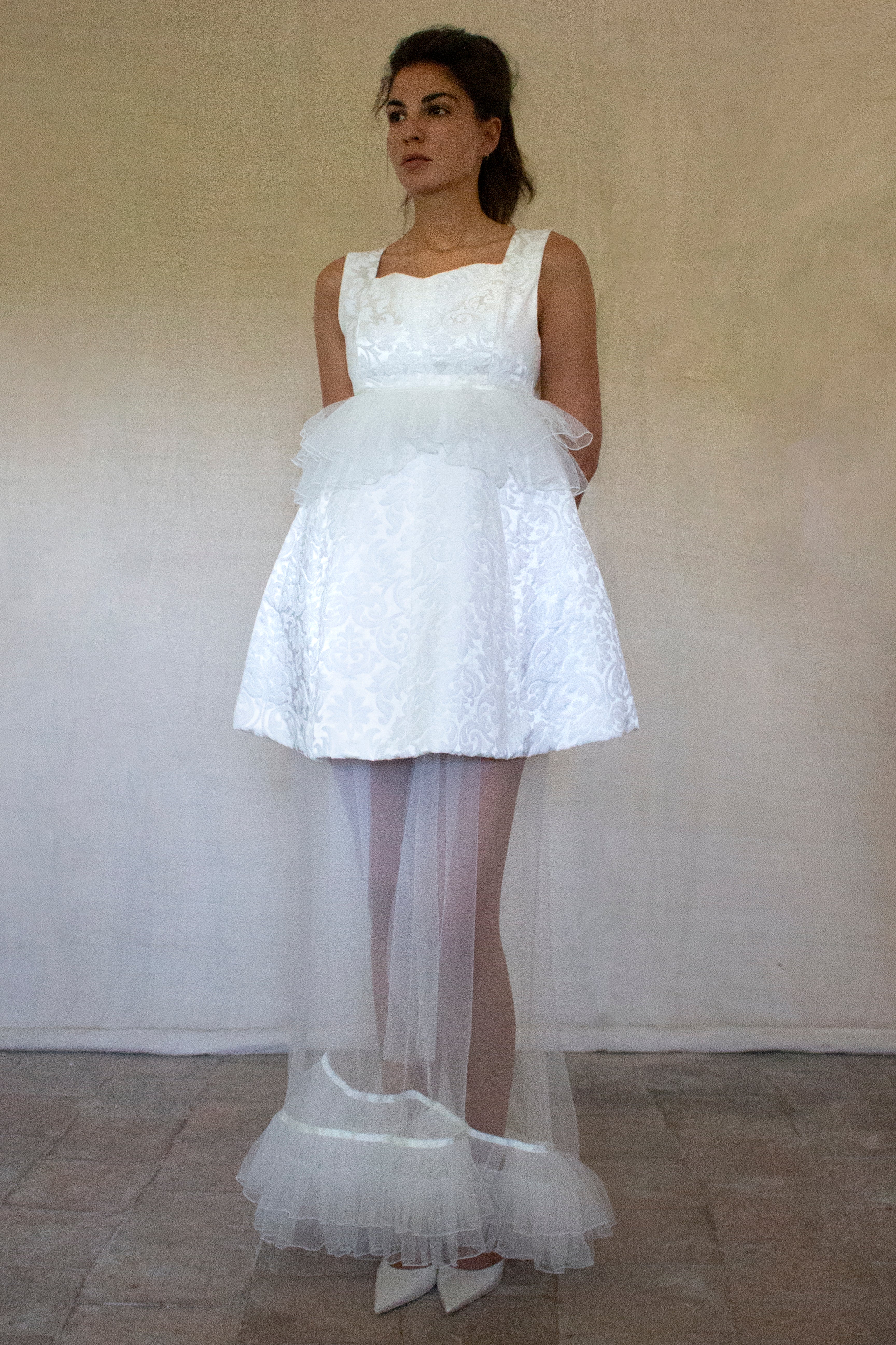 Vintage 90s Mini Wedding Dress | Damask Bridal Dress with Cape & Bow - 368