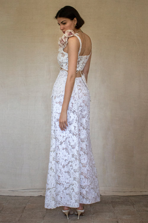 282 - BOHO VINTAGE TWO-PIECE BRIDAL SET: 1960S FULL LACE SKIRT & CROP TOP WITH MINI CAPE - Vague atelier