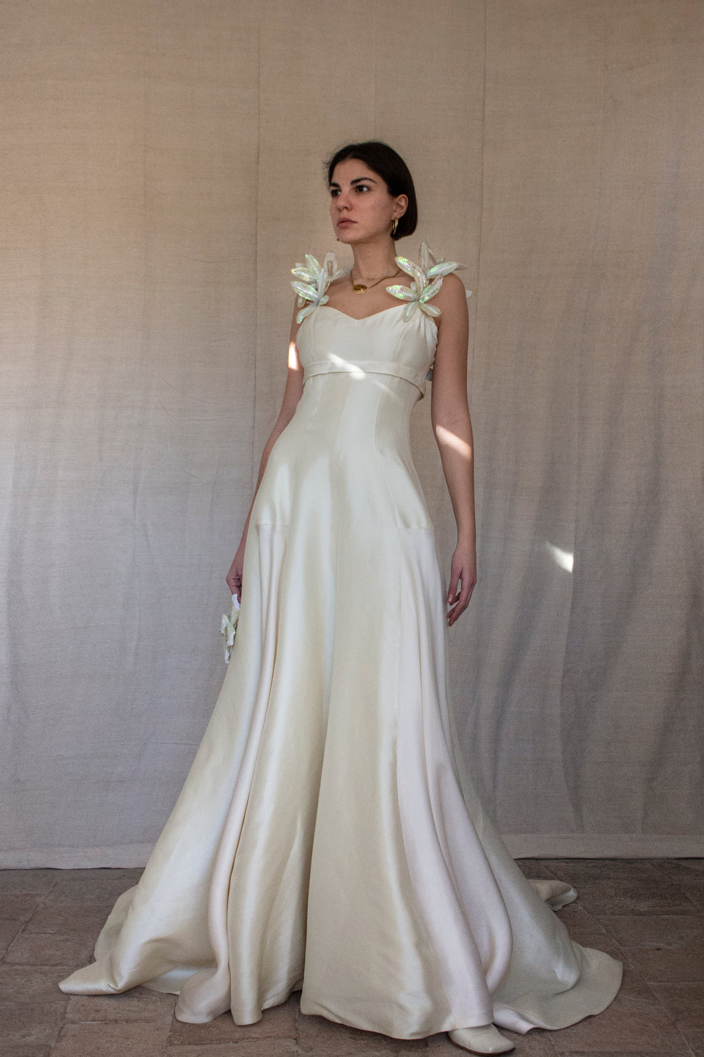 262 - RARE VINTAGE CHAMPAGNE BRIDAL GOWN: SILK MIKADO WITH AUTHENTIC 80S SEQUIN MAXI FLOWERS