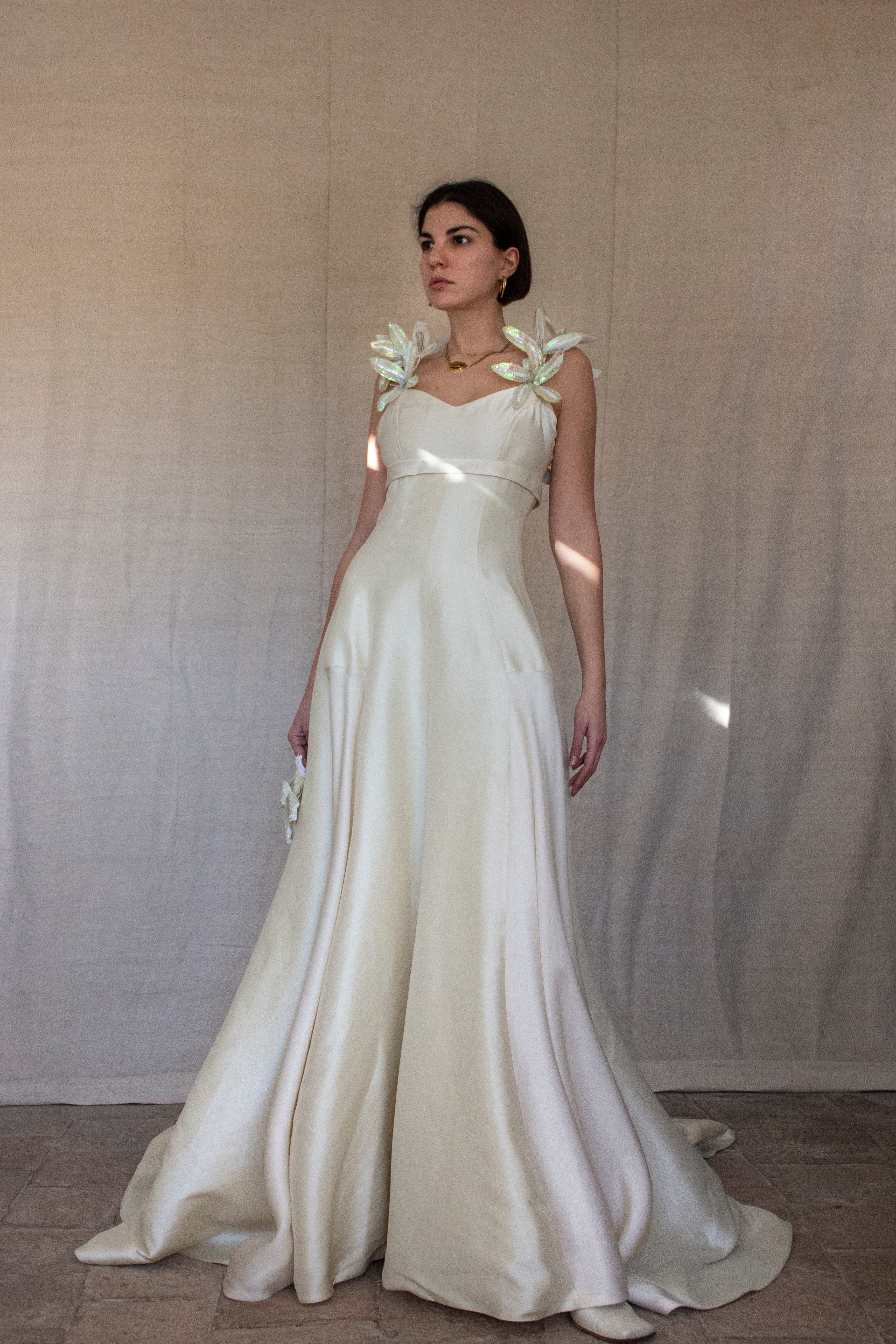 262 - RARE VINTAGE CHAMPAGNE BRIDAL GOWN: SILK MIKADO WITH AUTHENTIC 80S SEQUIN MAXI FLOWERS