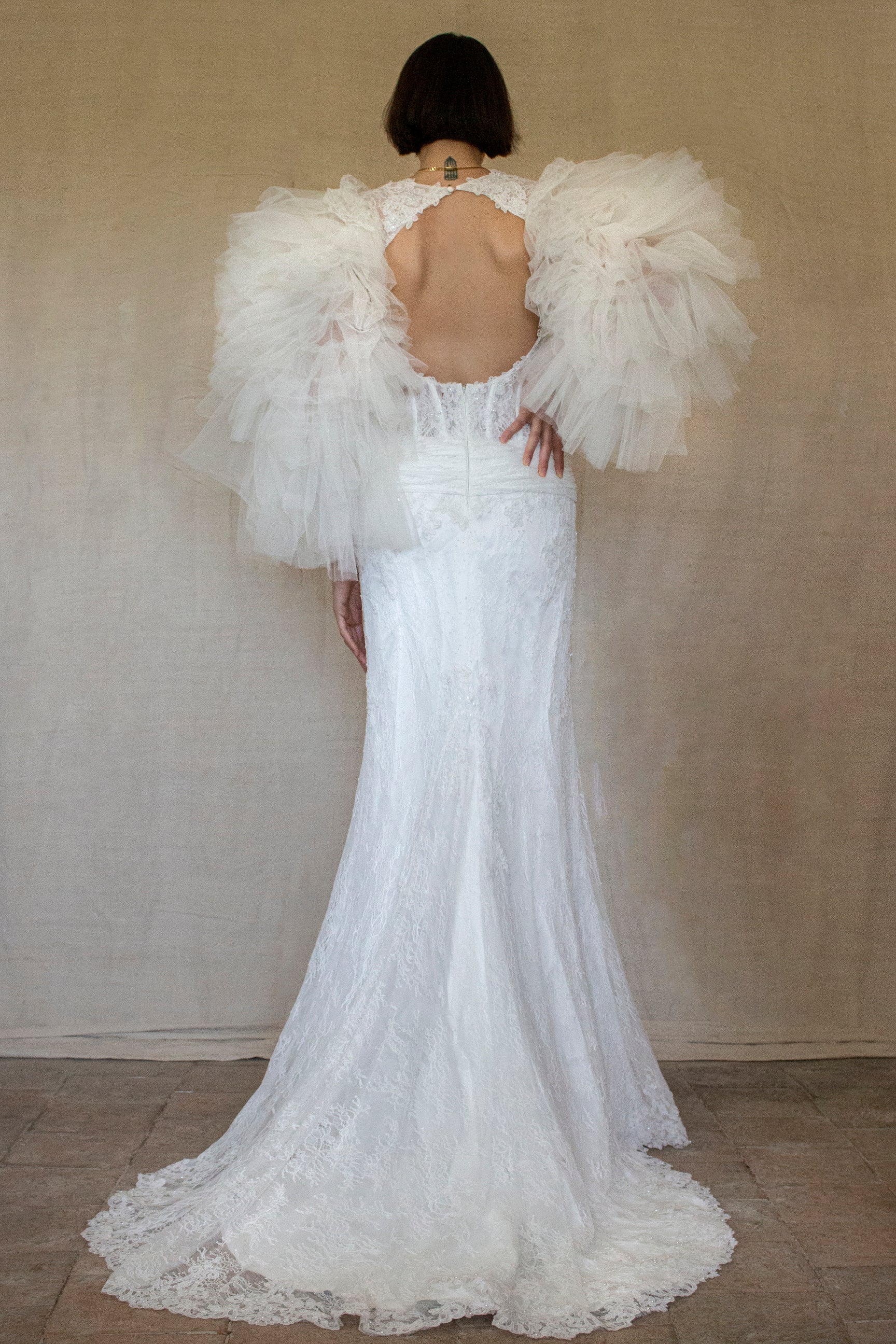 281 - SENSUAL BACKLESS BRIDAL GOWN: NUDE EFFECT EMBROIDERY & VAPOROUS TULLE RUFFLE SLEEVES