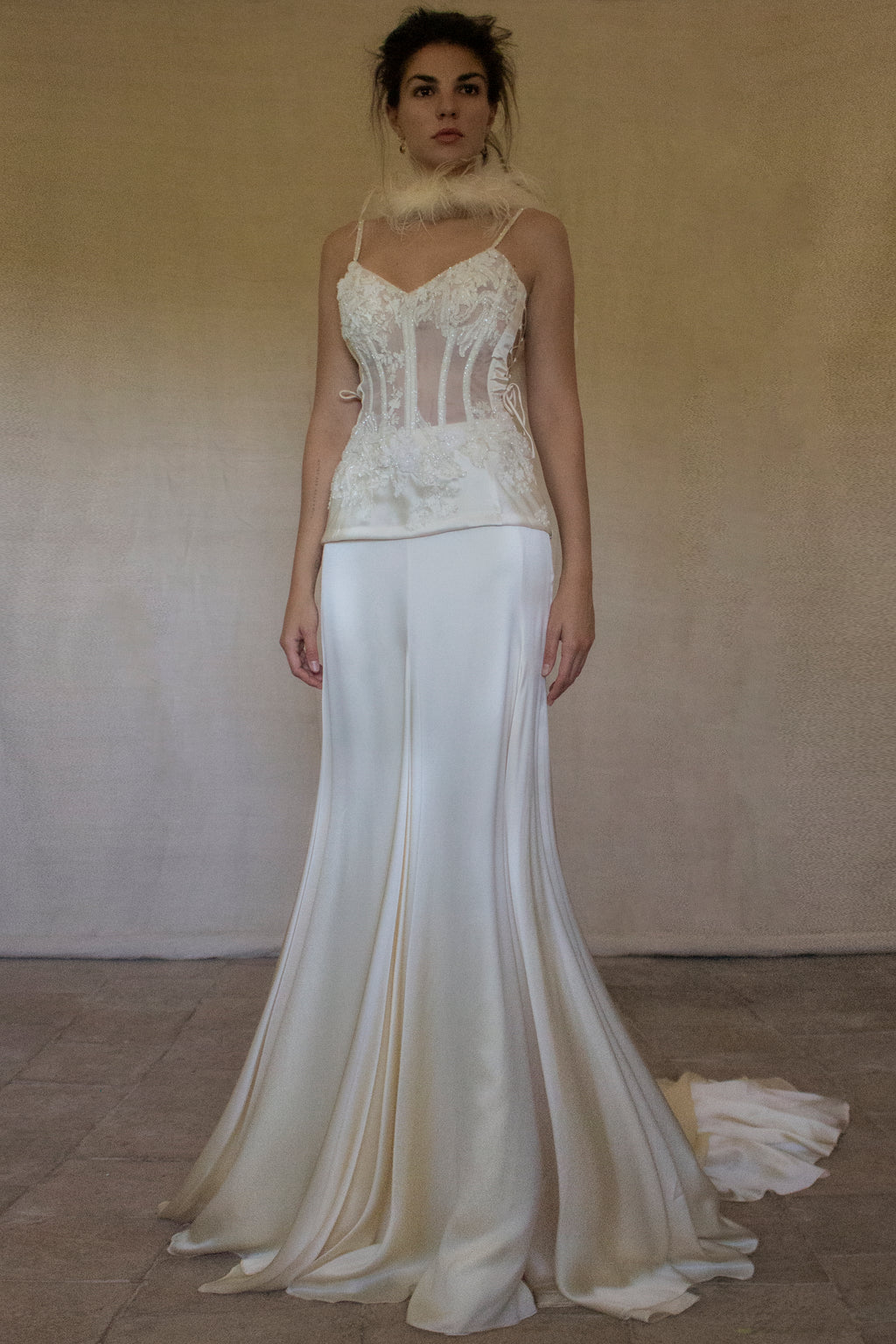 362 - VINTAGE 90s SILK BRIDAL TWO PIECE SET: EMBROIDERED BUSTIER AND FLUID CREAM SKIRT